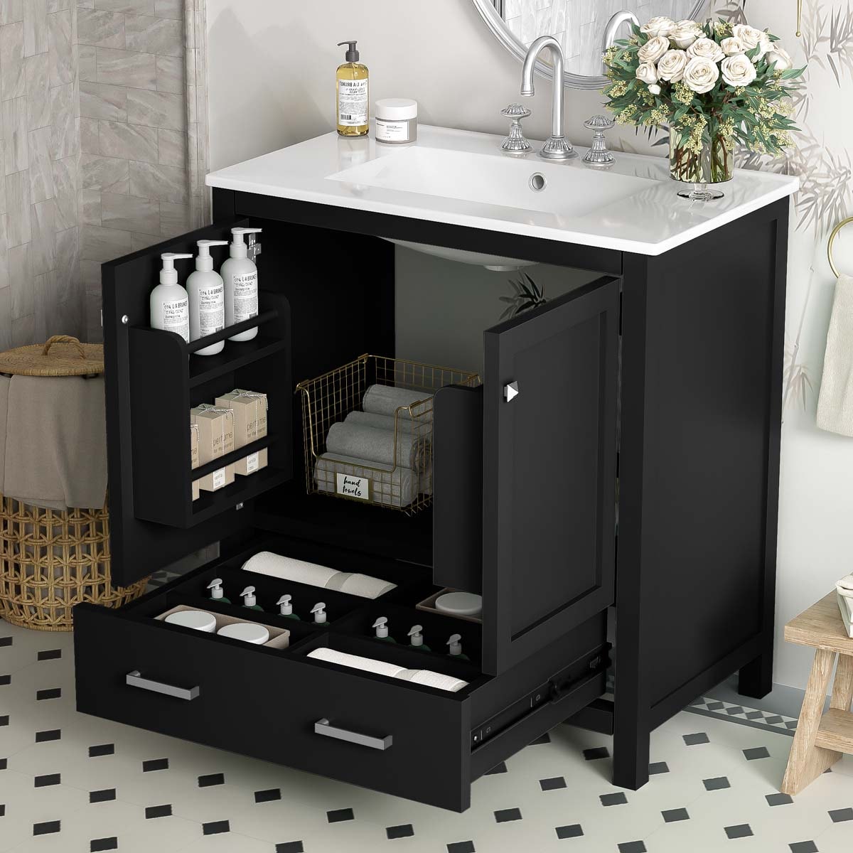 ModernLuxe Assembly Required 30inch Black Bathroom Vanity with Single Sink Combo Cabinet Undermount Sink Bathroom Storage Cabinet with 2 Doors and a Drawer Soft Closing Multifunctional Storage Solid Wood Frame