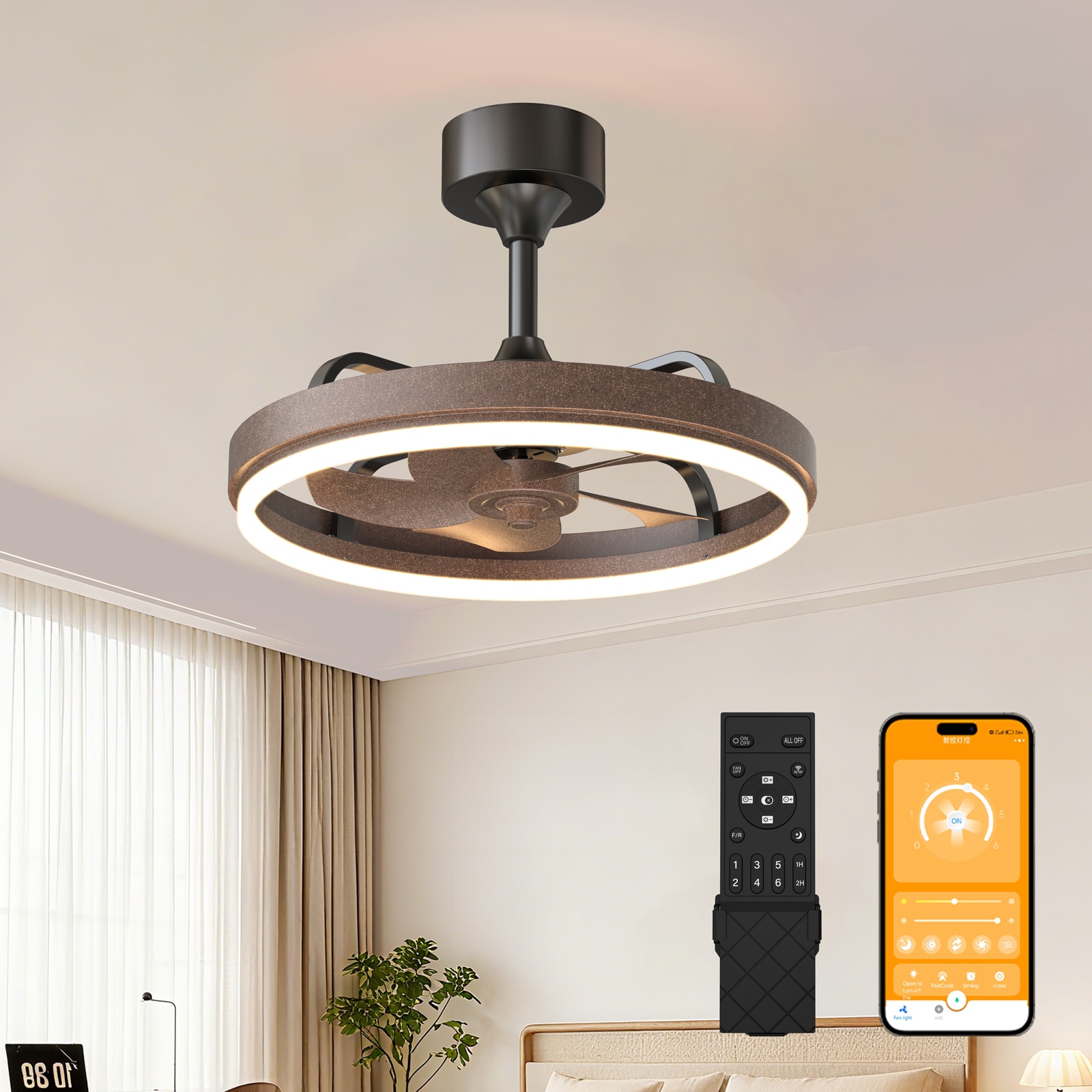 JUSHUA 20 1/2Inches Rustic Brown Ceiling Fans with Lights Remote APP Control Downrod Mount Dimmable LED Fandelier 6 Speeds Quiet DC Motor Modern Ceiling Fan for Bedroom Living Room