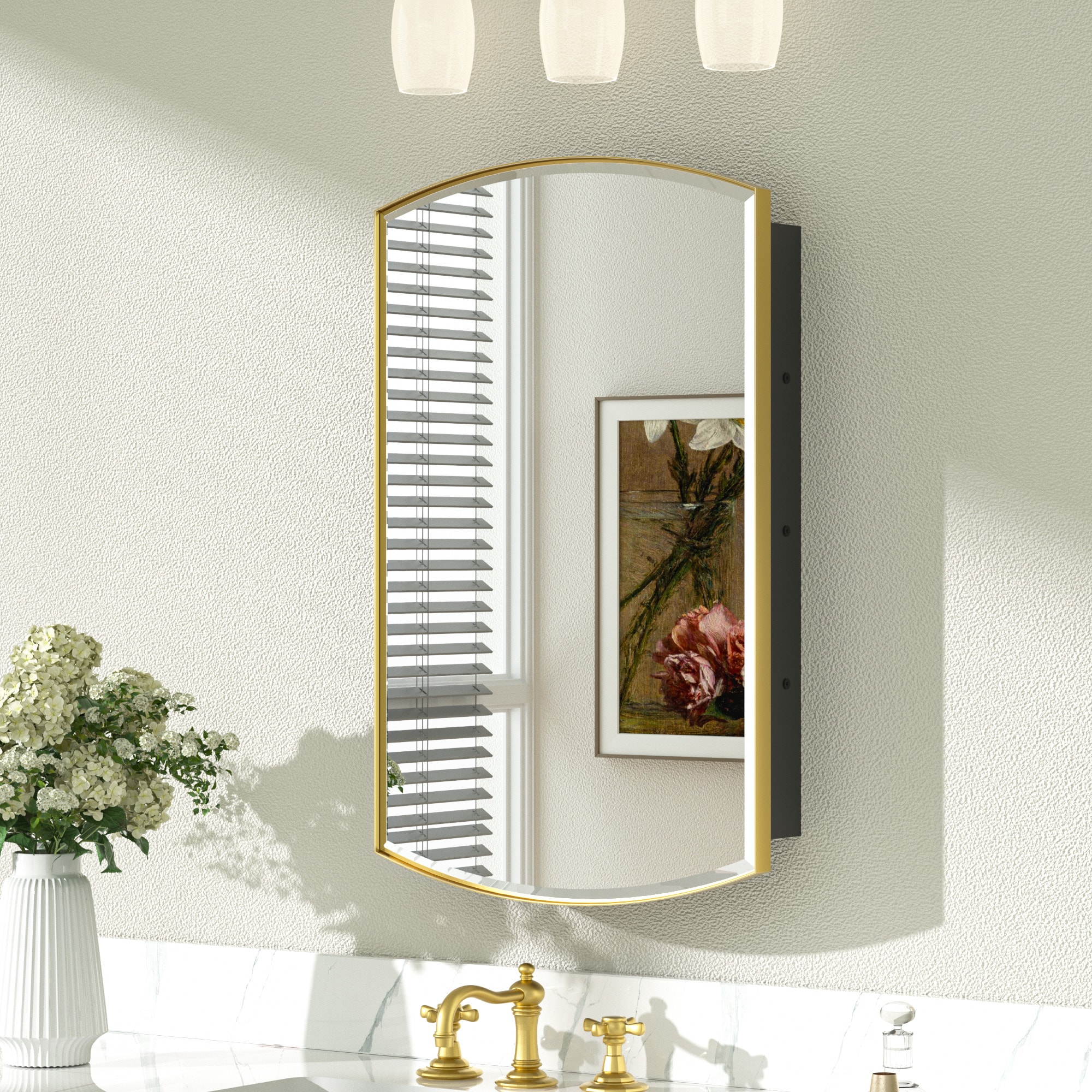 Keonjinn LW-JSKJG-CX-4166GD 16-in x 26-in Surface/Recessed Mount Gold Mirrored Arched Soft Close Medicine Cabinet