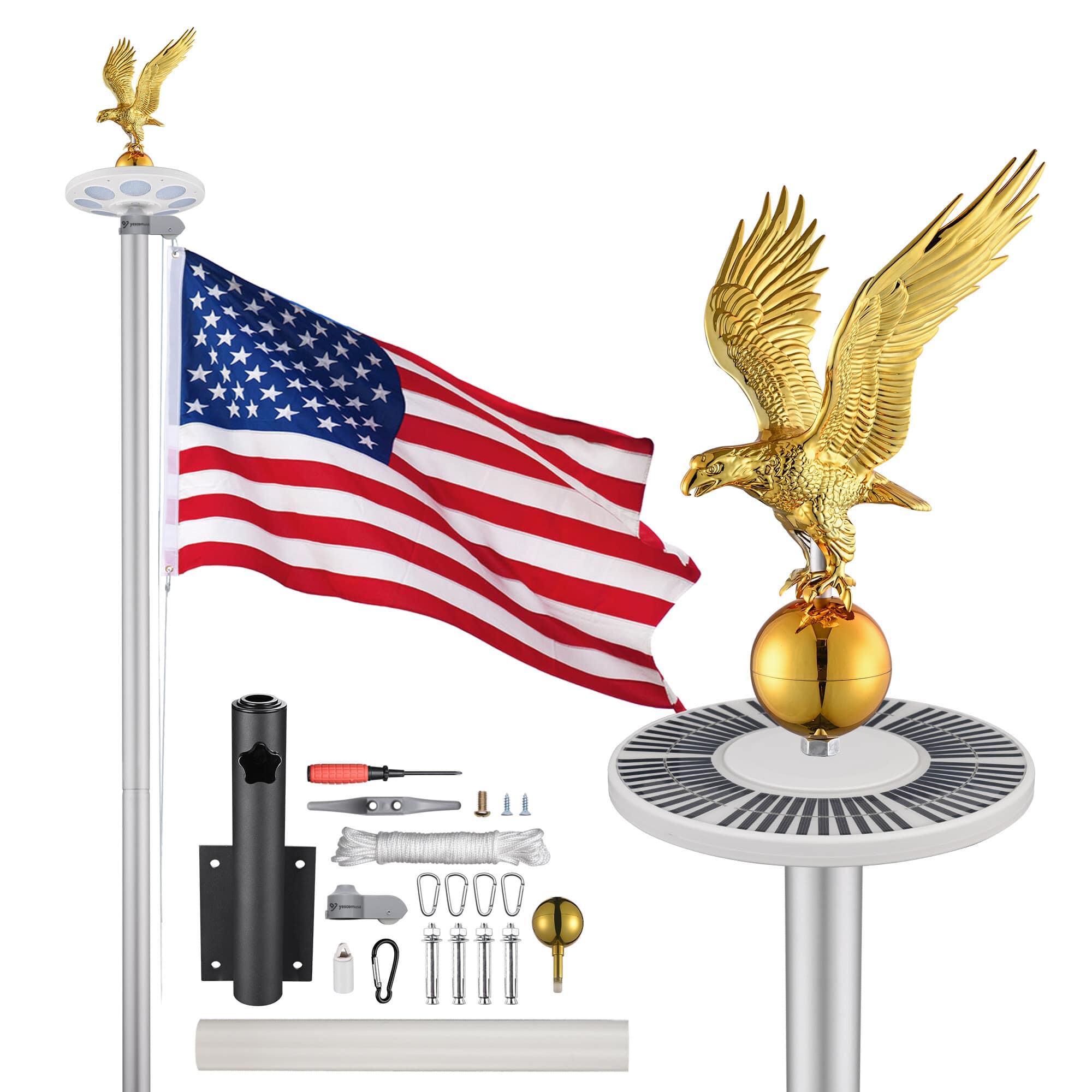 Yescom 22FLP004-MEG20-11-LO 20 Ft Sectional Flag Pole Kit with Solar Light and Deck Mount Bravery MEGA Aluminum Inground Flagpole for Outdoor Patio Dock Side Silver
