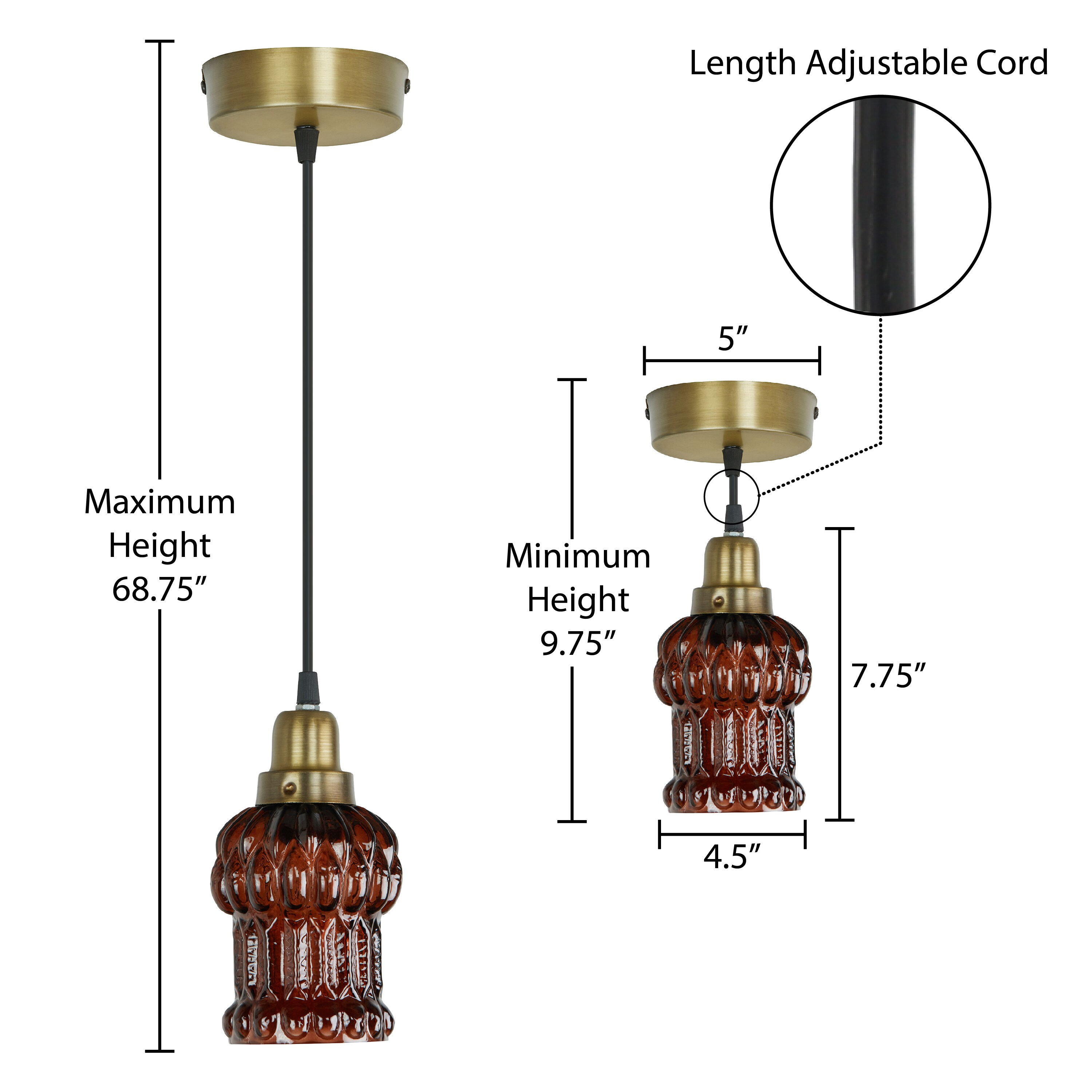 Brown Textured Glass and Gold Metal Pendant Light