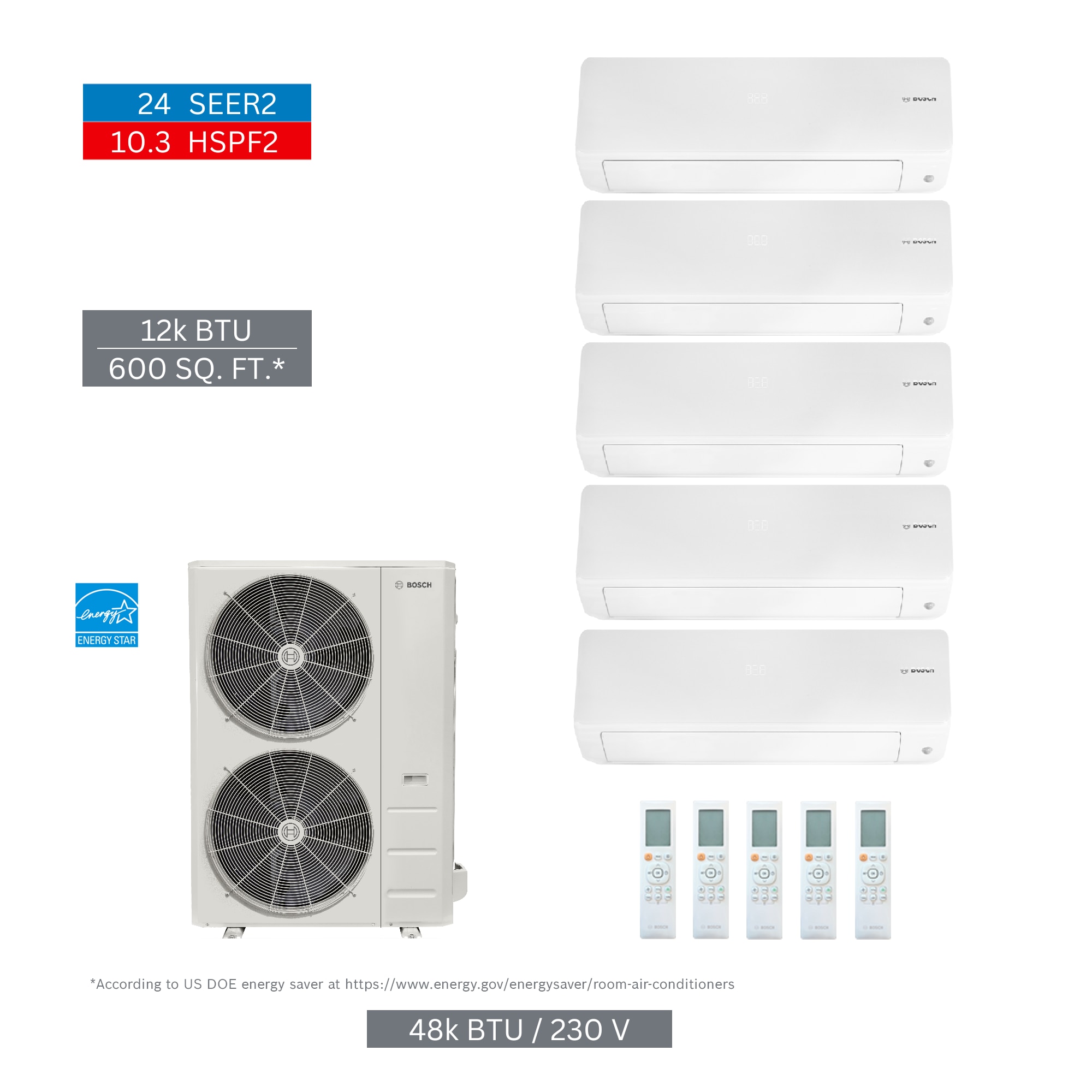 Bosch 8733980470 Climate 5000 Pro Pack Quad or more Zone 48000-BTU 24 SEER Ductless Mini Split Air Conditioner Heat Pump Included with 230-Volt