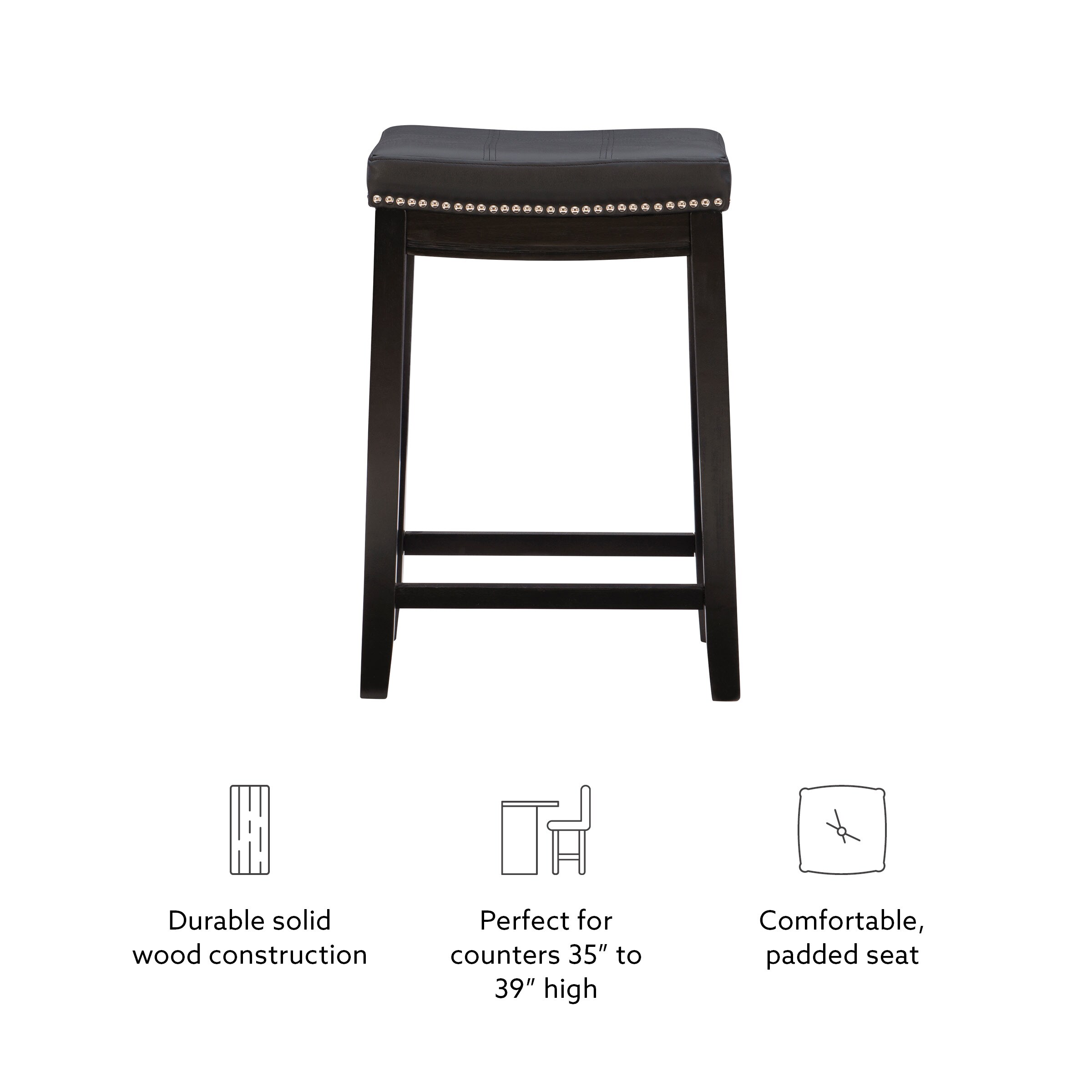 26" Black Wood and Leather Saddle-Style Backless Counter Stool