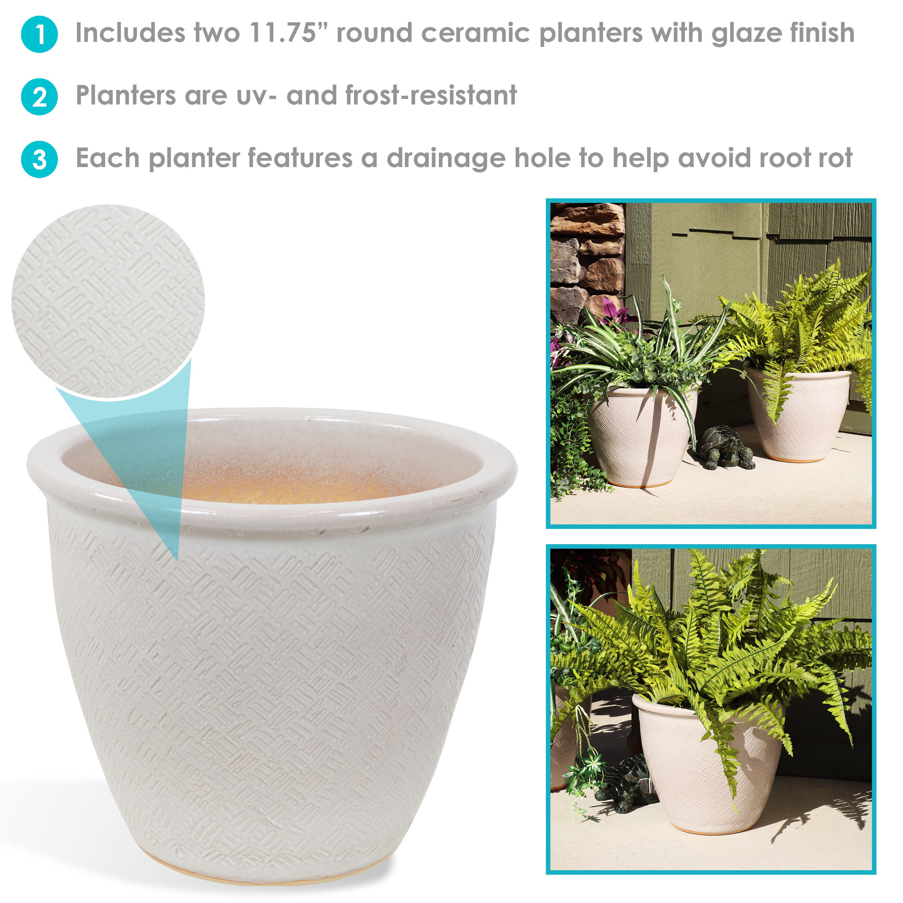 Pearl White Ocean Villa 11.75" Ceramic Indoor/Outdoor Planter Set
