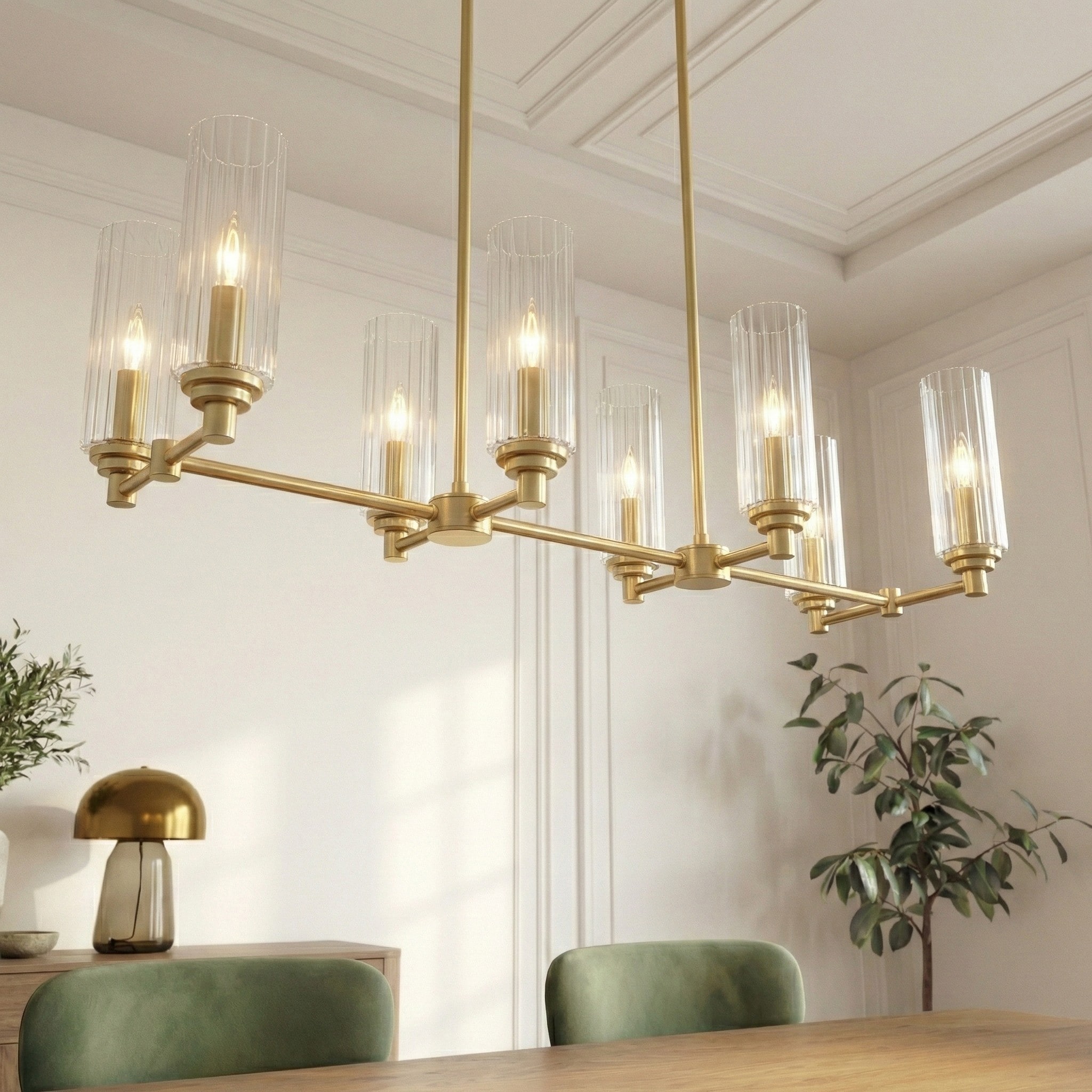 Roomfitters  Willow 8Light Island Pendant Light Satin Brass Dining Fixture with Ribbed Glass Antique Brass