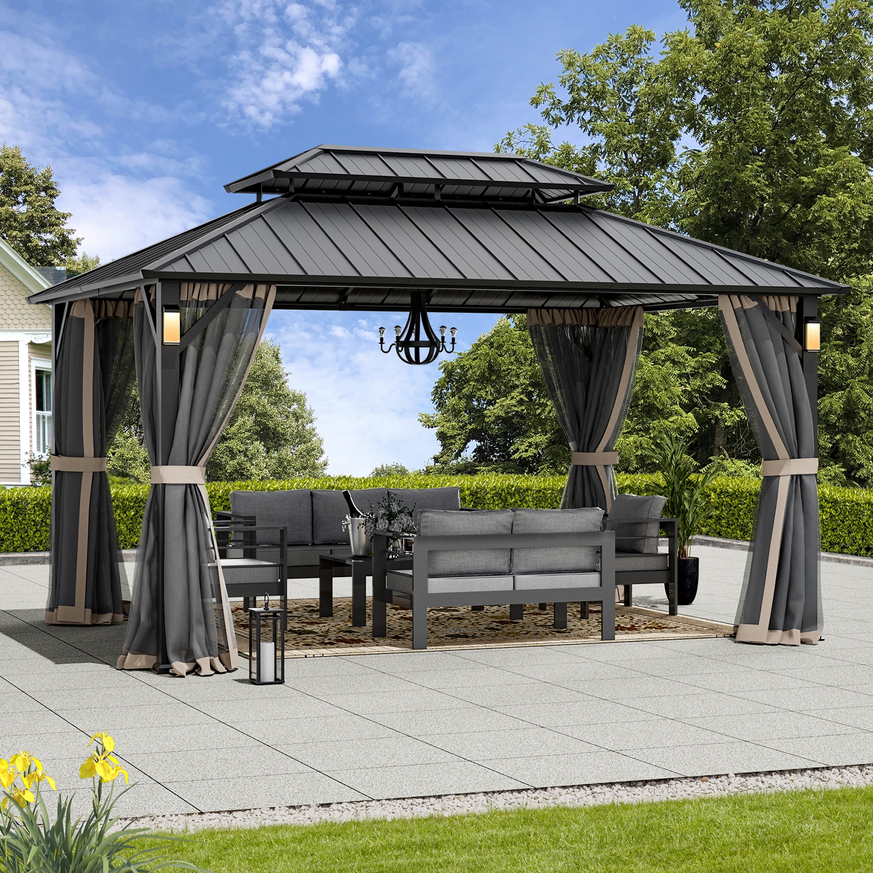ELEVATE OUTDOORS IG10600094-1014 14-ft x 10-ft Black Rectangle Semi-permanent Gazebo with Hardtop Steel Roof (Screen Included)