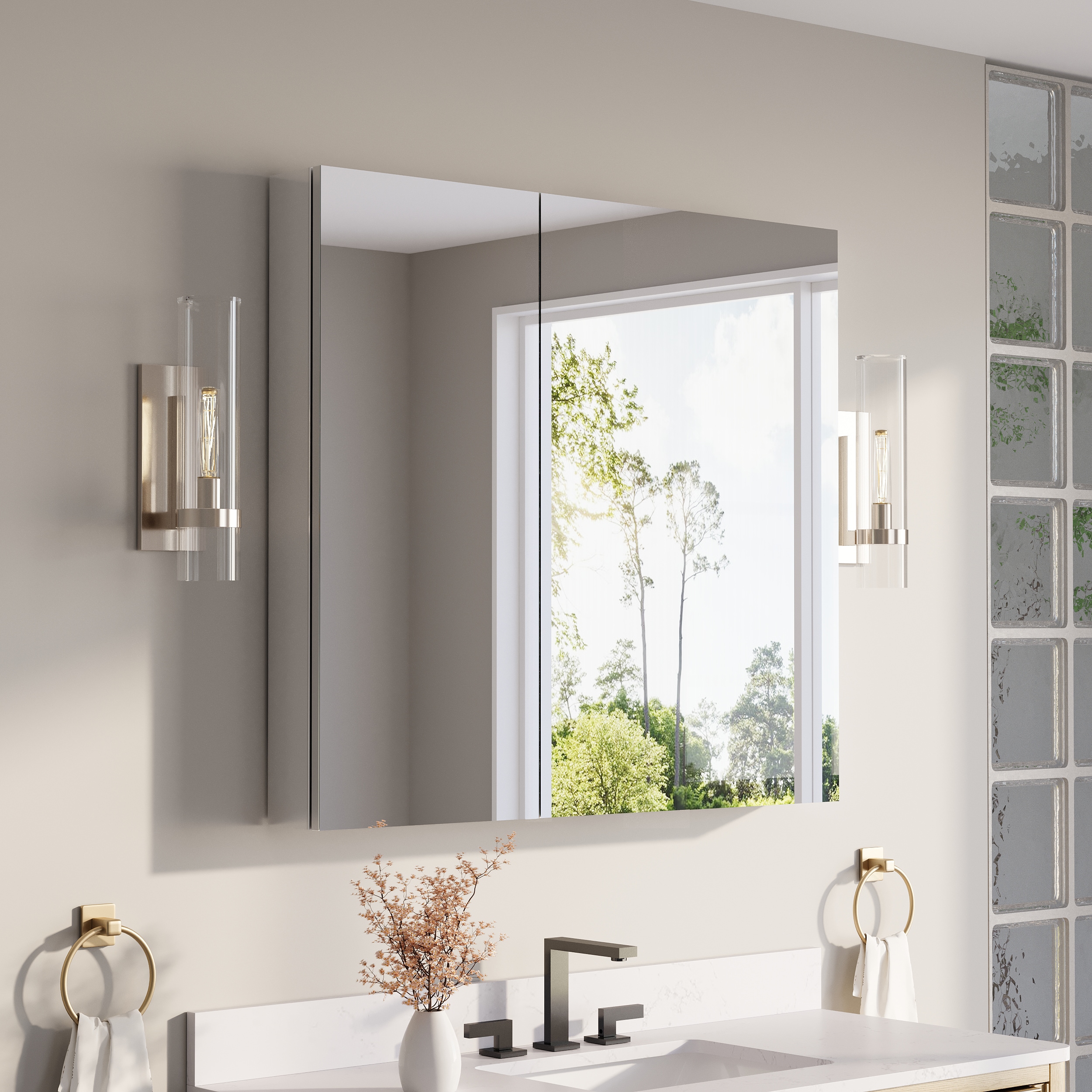 CALVON Medicine Cabinet 40-in x 36-in Surface/Recessed Mount Chrome Aluminum Mirrored Rectangle Soft Close Medicine Cabinet