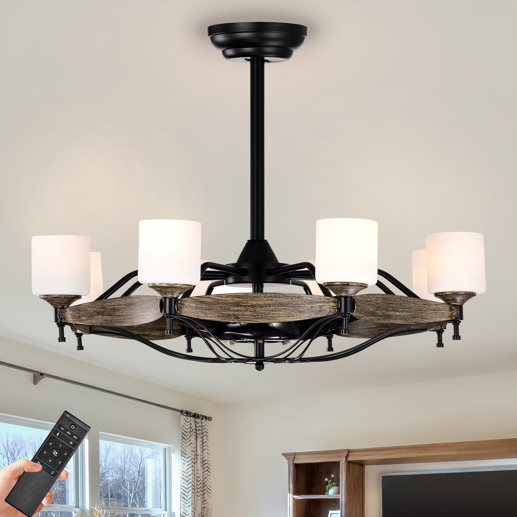 LTMATE LSEL297346AAA JAZAVA 32.7-in Integrated LED Wood with Matte Blades Fandelier Ceiling Fan With Light and Remote ( 3 -Blade )