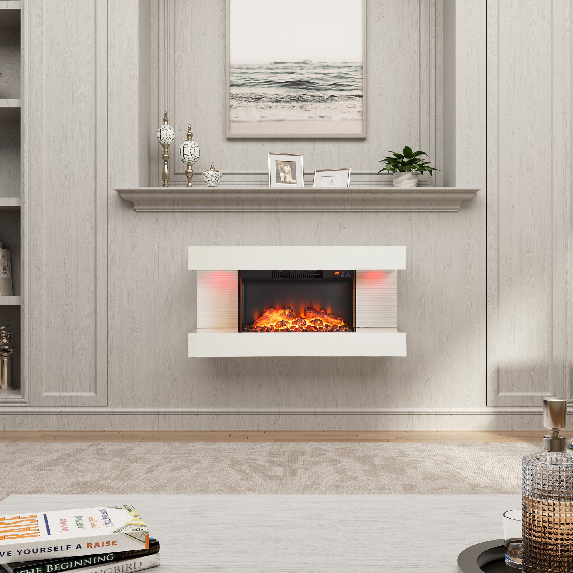 Clihome CL-WMTVS015-WHI-F018 32-Inches W White Wall mount Fan-forced Wall-mount Electric Fireplace with Remote Control Included