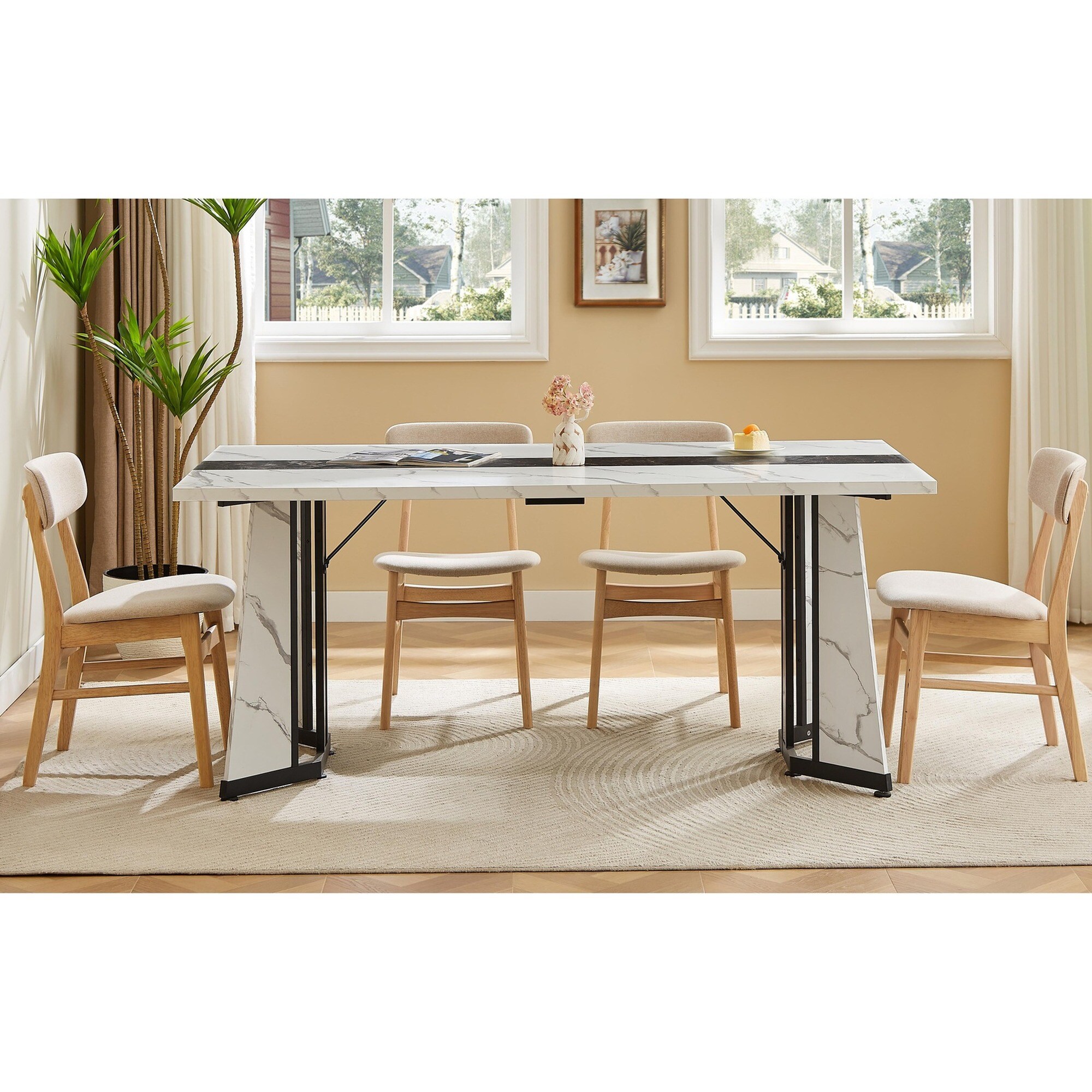 UOI 71 inch White and Black Rectangular Large Dining Table with Marble ...