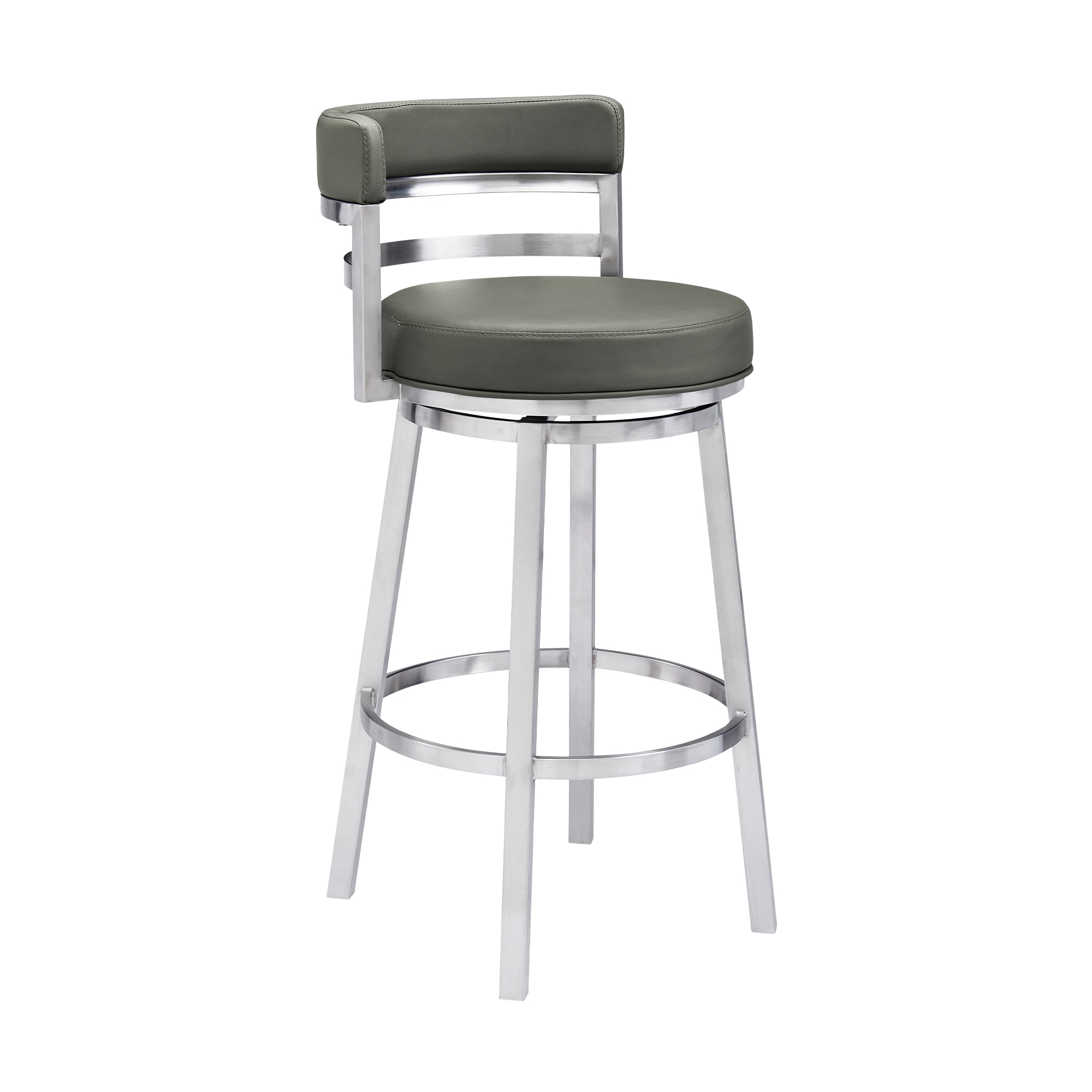 Armen Living 840254335073 Brushed Stainless Steel 26-in H Counter height (24-in to 27-in) Bucket Seat Upholstered Swivel Metal Back Bar Stool with Arms and Back