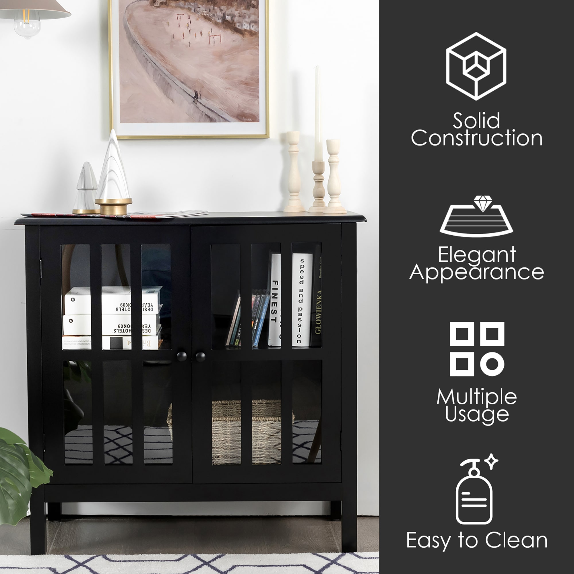 Modern Black MDF Console Table with Tempered Glass Doors