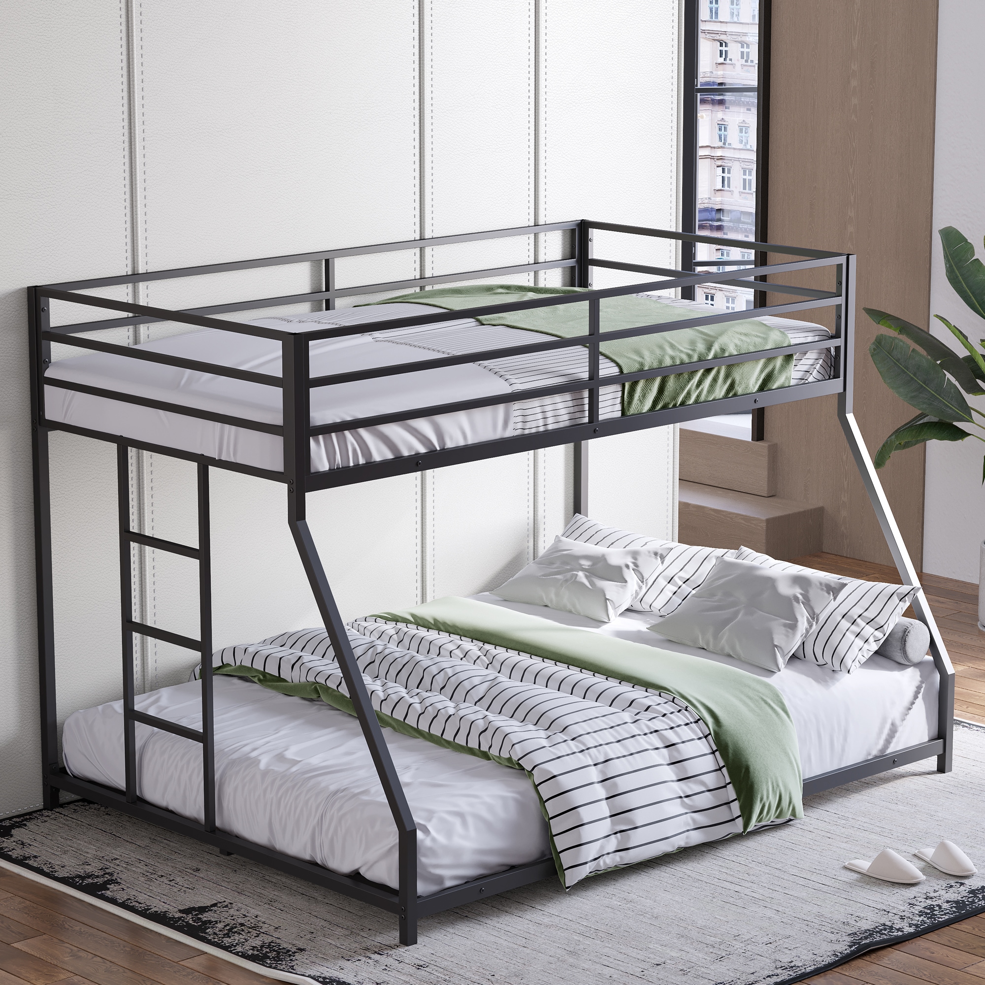 Tatayosi JL-294093 Black Twin Over Full Metal Bunk Bed with Removable Stairs Heavy Duty Sturdy Frame No Box Spring Needed for Teens Adults