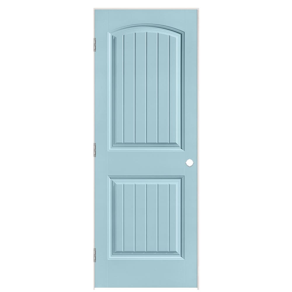 Masonite 1443780 30-in x 80-in Sea Mist Solid core 2-panel round top plank Right hand Smooth Prefinished Molded composite Flat Jamb Single Prehung Interior Door