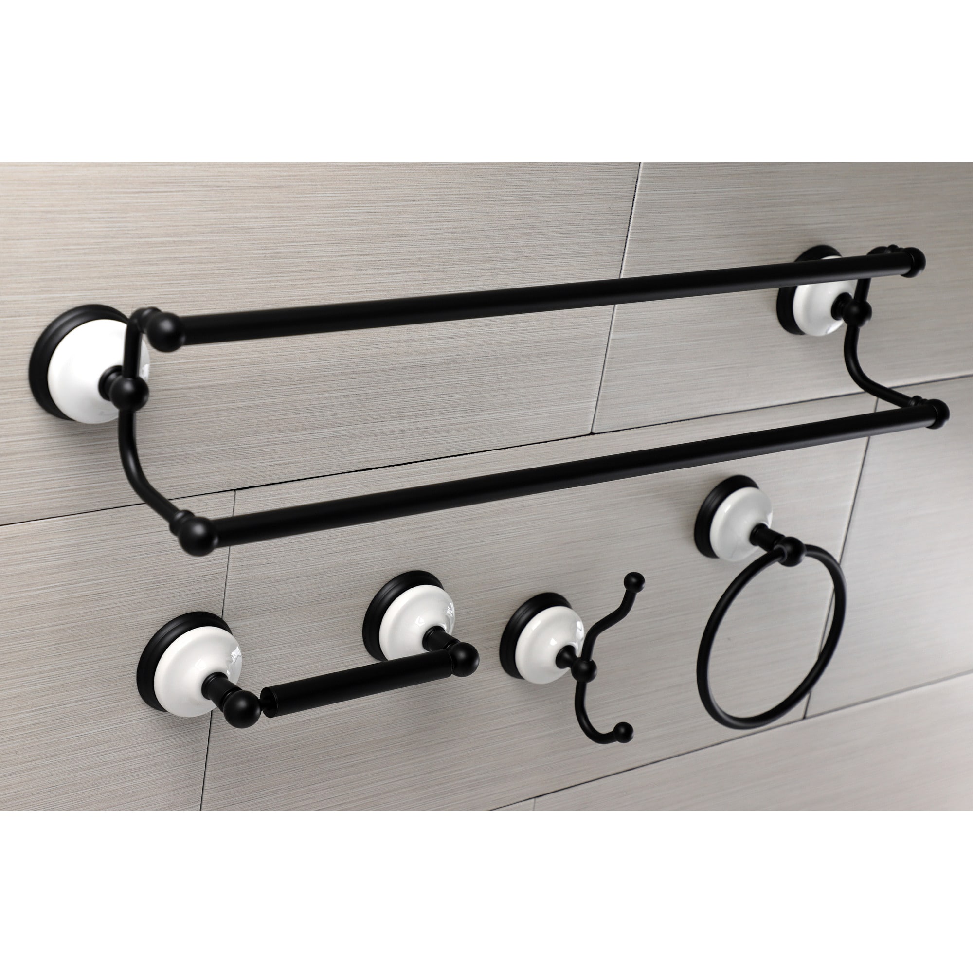 Kingston Brass WLBAK1113478MB 4 -Piece Victorian Matte Black Decorative Bathroom Hardware Set Towel Bar, Toilet Paper Holder, Towel Ring ,Robe Hook Included