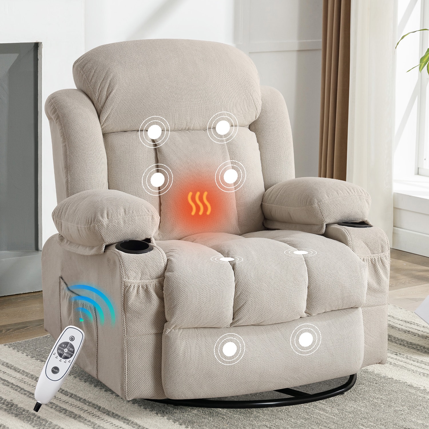 GZMR GM-W1525 Swivel Rocking Power Recliner Chair with Cup Holder Beige Velvet Upholstered Swivel Powered Reclining Massage chair