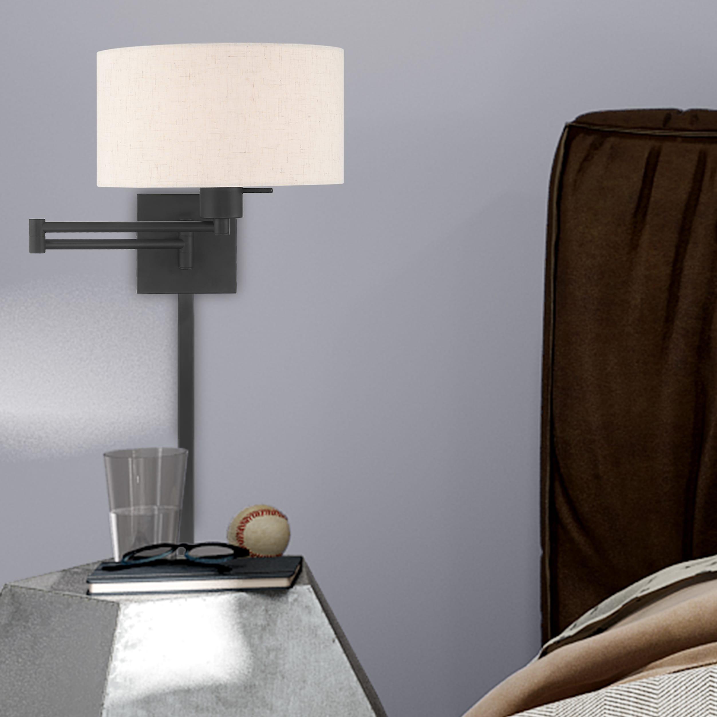 Black Steel Swing Arm Wall Lamp with Oatmeal Fabric Shade