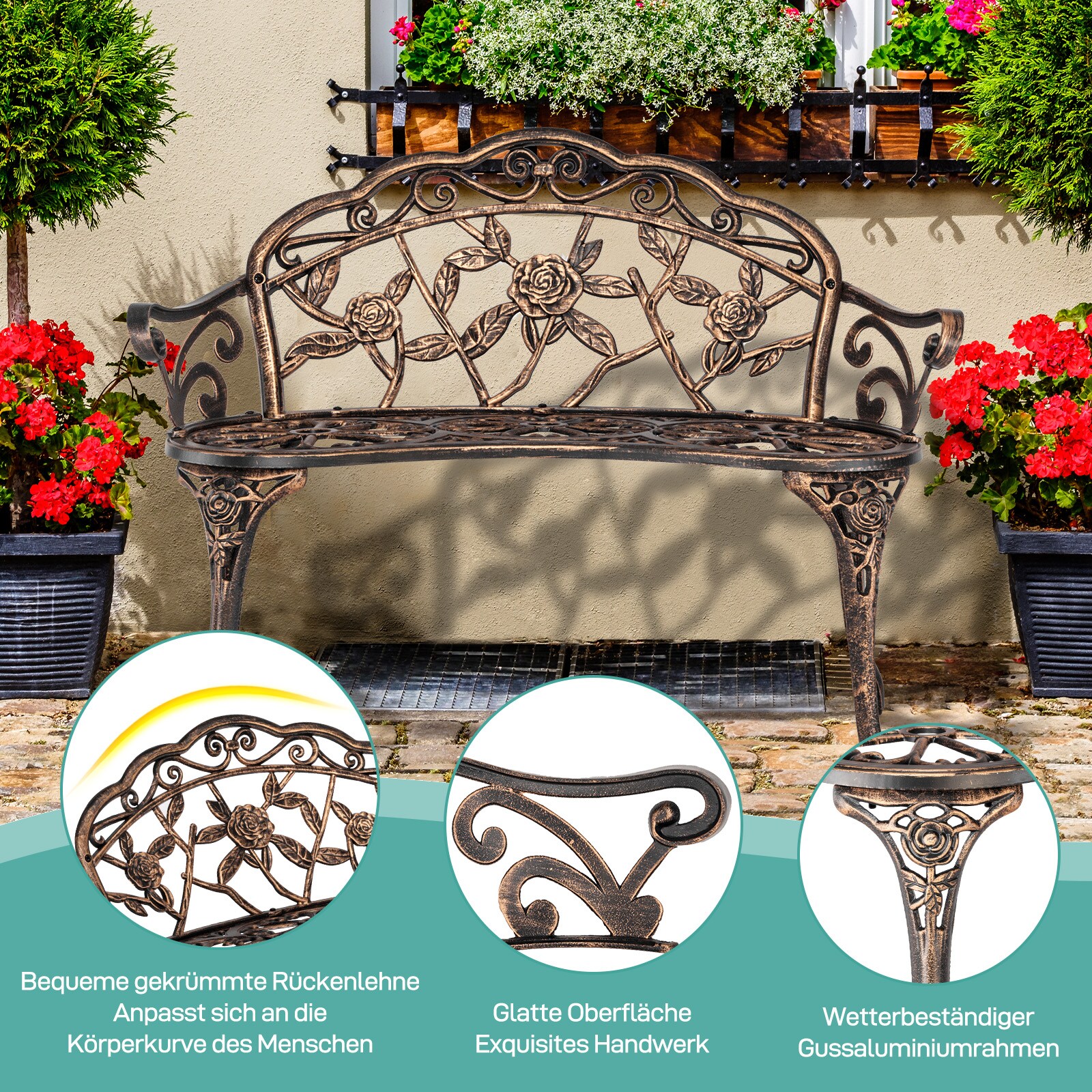 VINGLI 38.5-in 2-Person Patio Park Garden Metal Rose Bench/Accented ...
