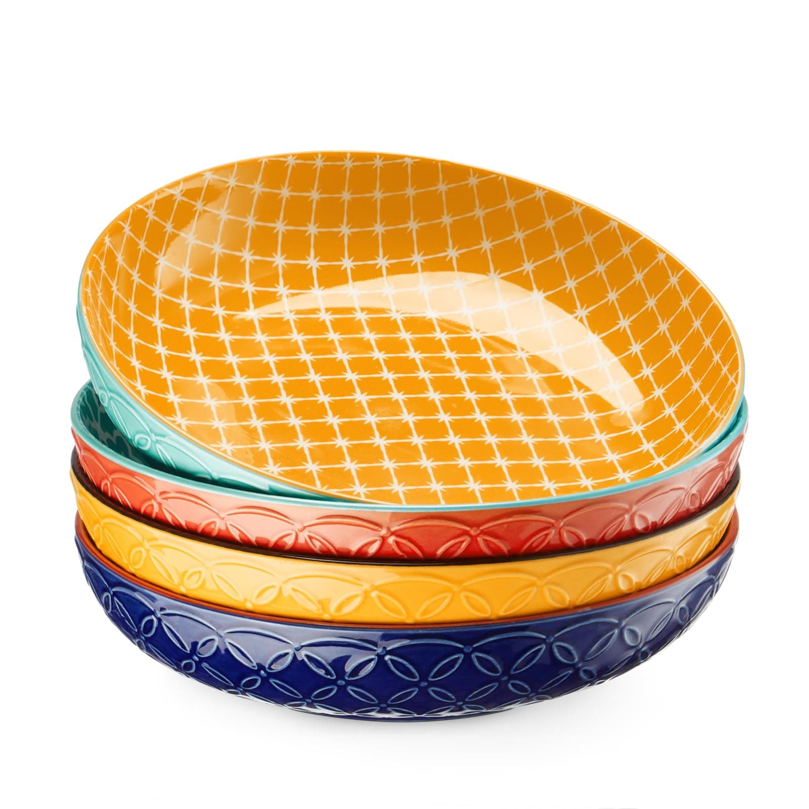 Aoibox  Set of 4 Large 8 5 in Porcelain Pasta Salad Soup Serving Bowls with Embossed Vibrant Bonita Design