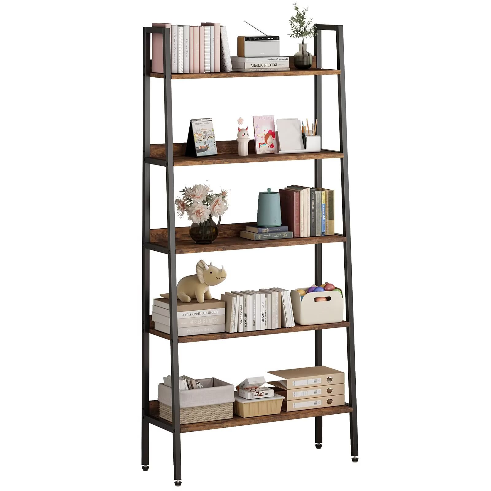 Qeetex JXNAG-PHO-16JL2N79 5 Tier Bookshelf Narrow Home Office Book Shelf Display Rack Rustic Brown Storage Organizer with Open Shelves with Metal Frame for Bedroom Kitchen Living Room