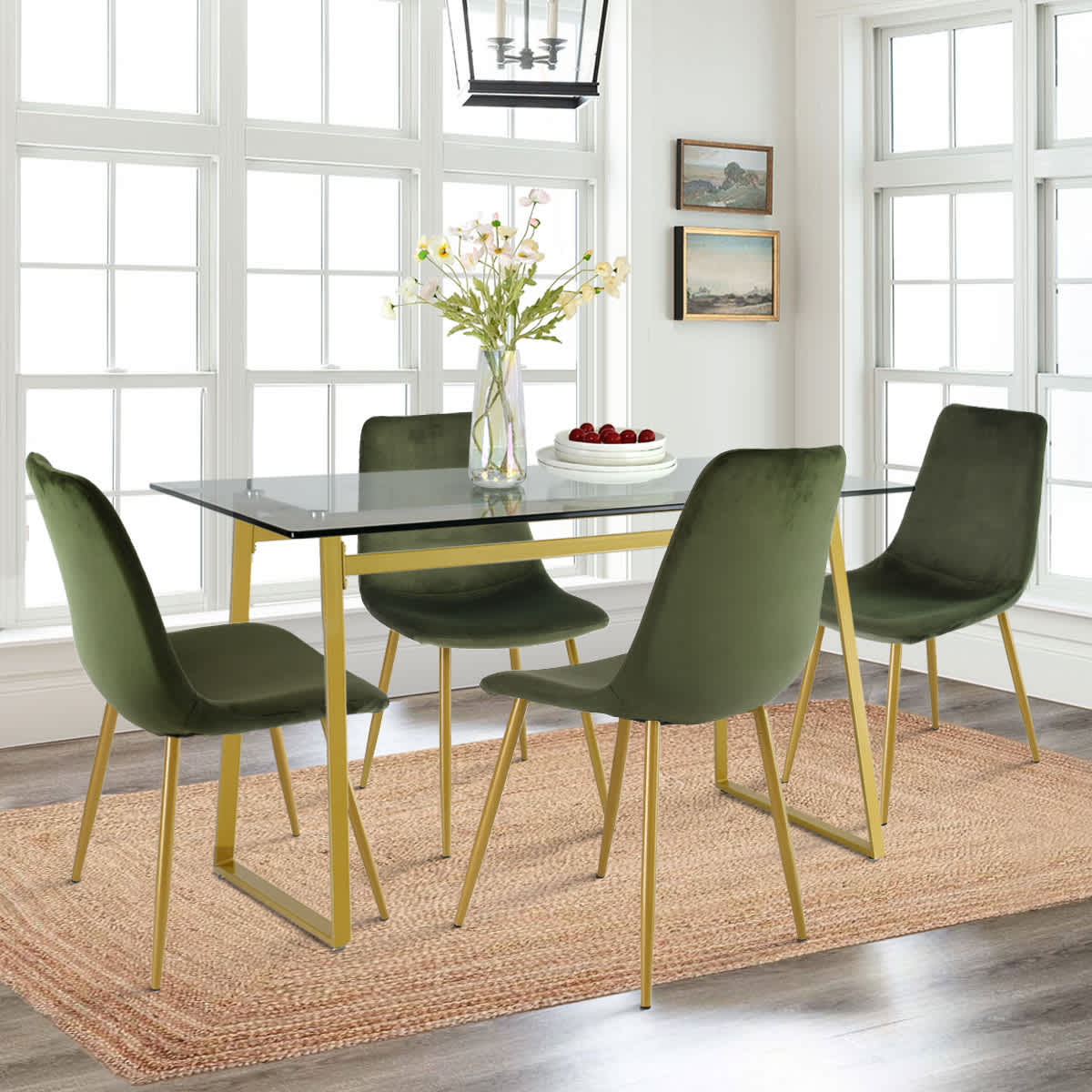 Maison Boucle MONA+BINGO-GREEN-4 5 Piece Gold Rectangular Glass Dining Table with 4 Green Upholstered Chairs for Elegant Dining