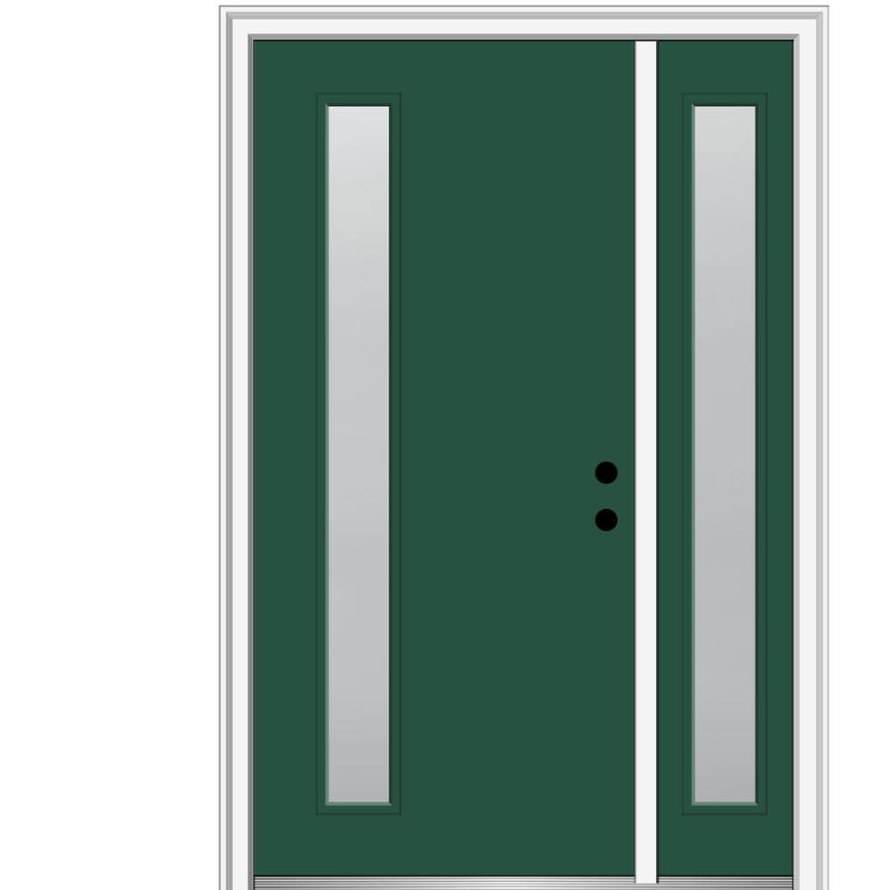MMI DOOR ZZ350019L Spotlights 50-in x 80-in x 6-9/16-in Fiberglass Pulse lite Left-hand inswing Hunter Green Painted Prehung Front Door with Right Sidelight with Brickmould Insulating core