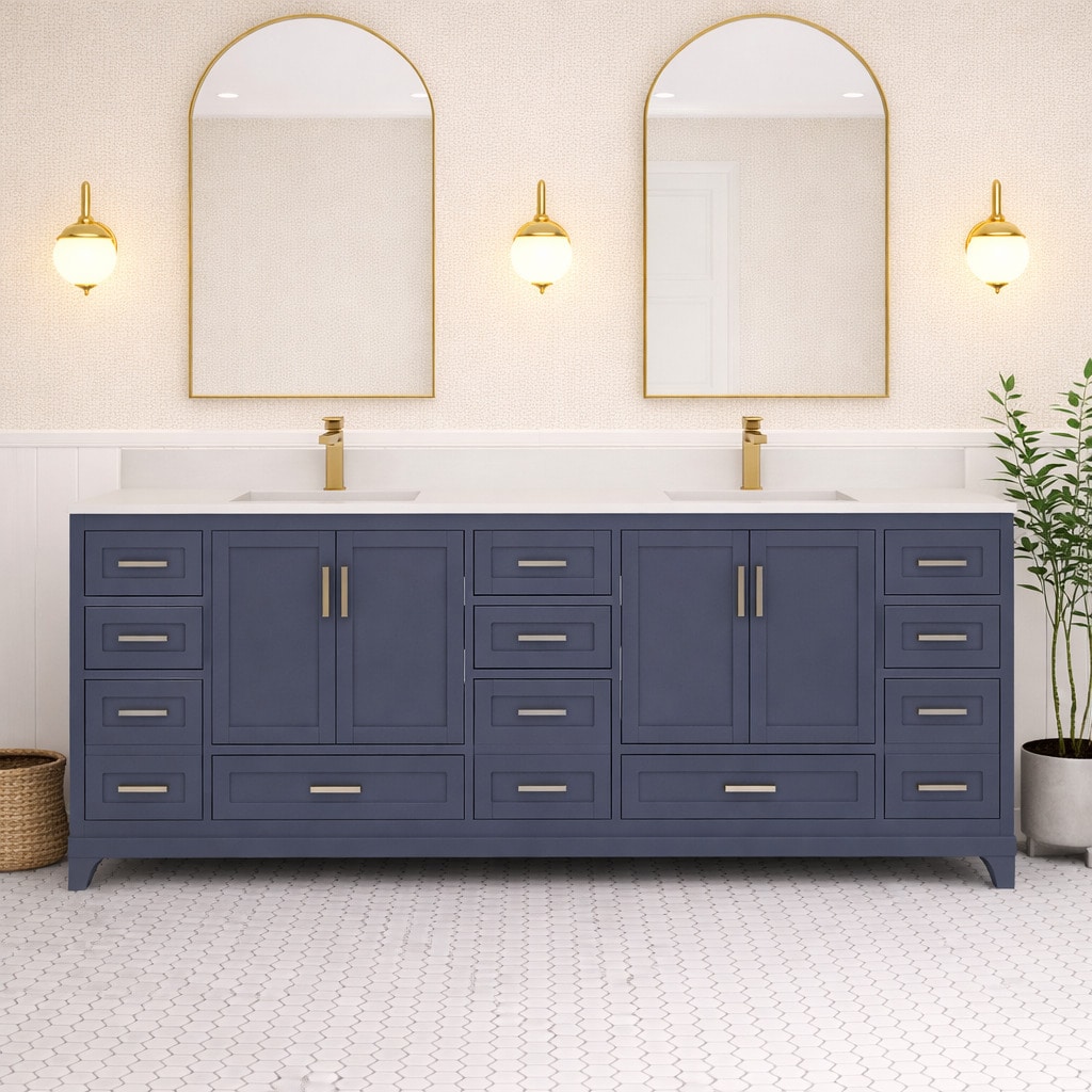 Ayna Decors Maya 84-in Navy Blue Undermount Double Sink Bathroom Vanity with White Quartz Top (Fully Assembled)