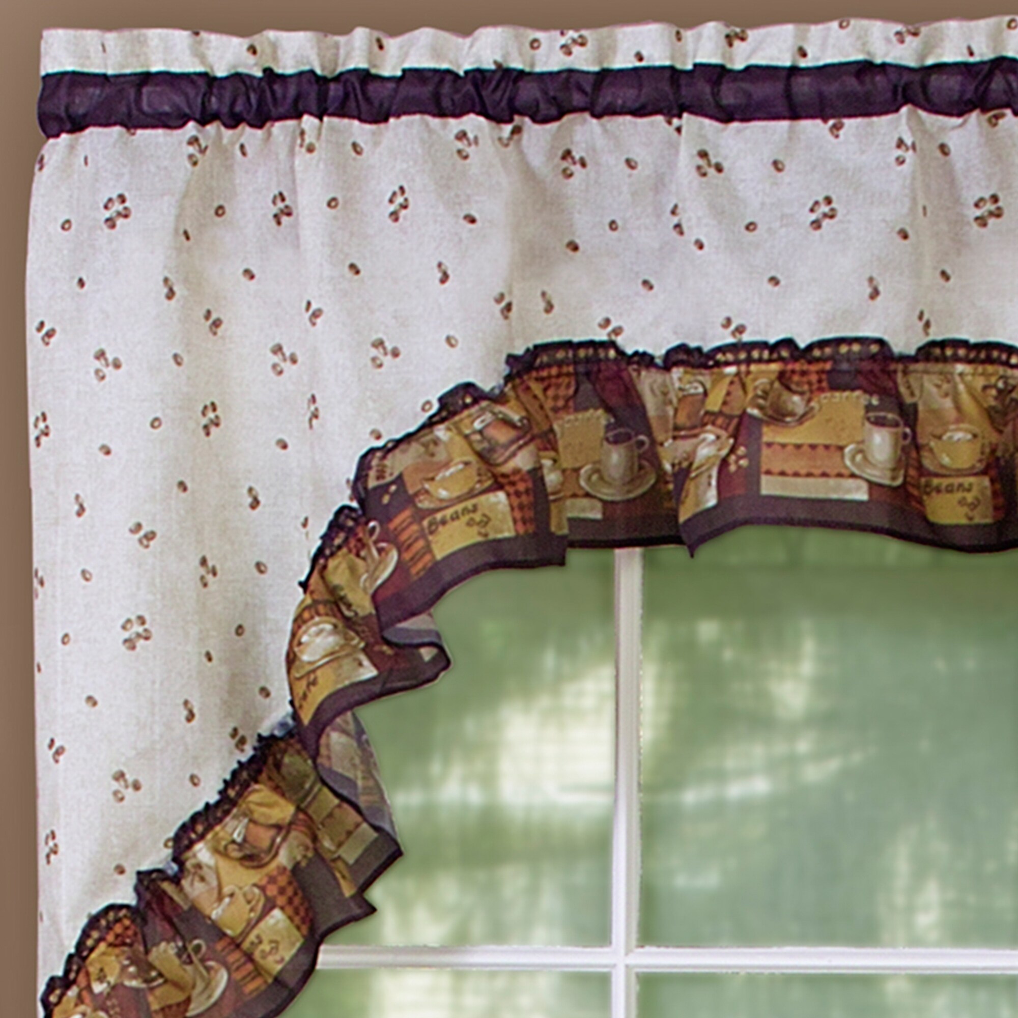 Ivory and Brown Coffee Print Tier Curtain Set