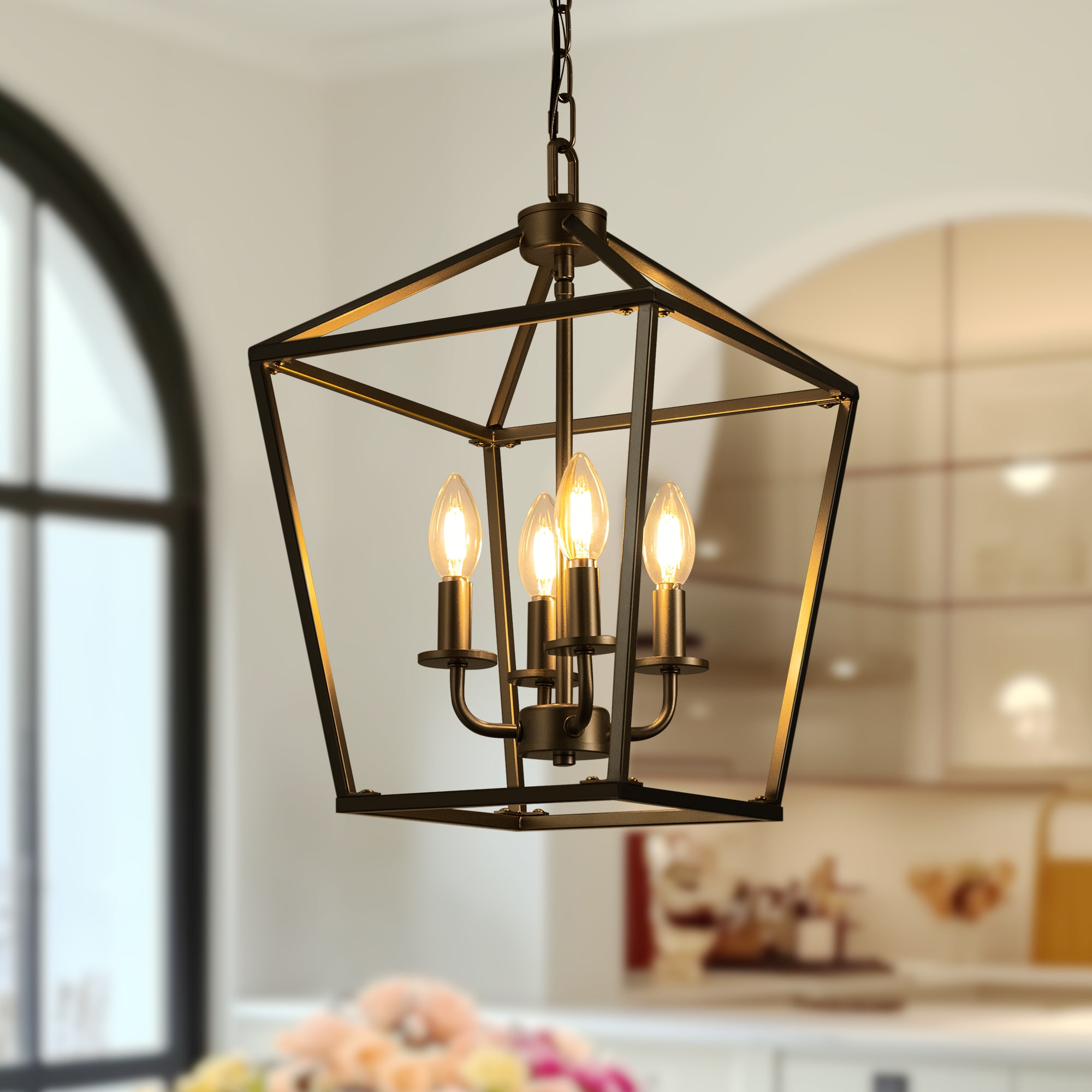 DORESshop 8.27 in. 4 Light Black Geometric Open Cage Pendant Light Chandelier for Dining Room Kitchen Island House Foyer