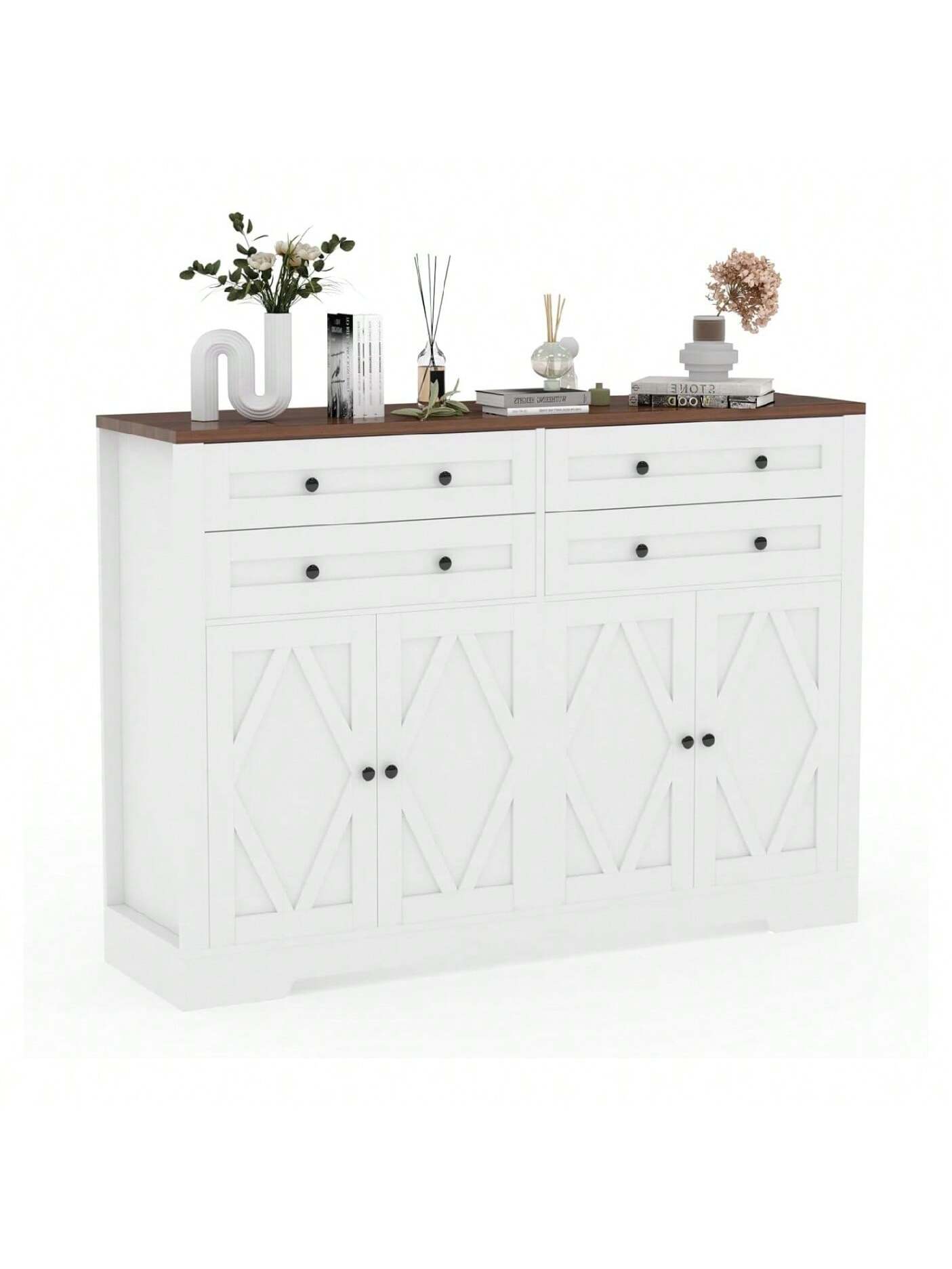 Qeetex BY-PHK-34WAXDSP 55 inch Farmhouse Buffet Cabinet With 4 Drawers and 4 Doors Rustic Kitchen Storage Sideboard W Adjustable Shelves Multi Functional Coffee Bar Cabinet For Dining Room Living Room and Hallway