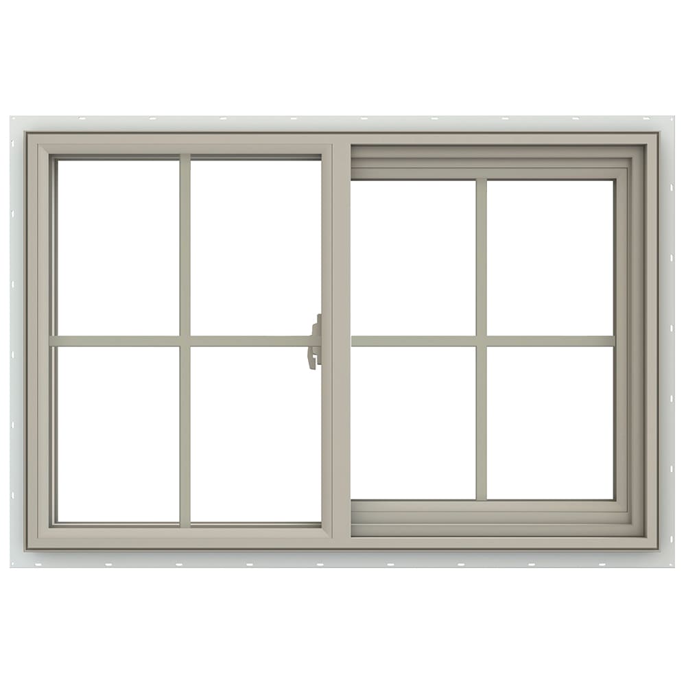 JELD-WEN LOWOLJW138500688 V-2500 35-1/2-in x 23-1/2-in Desert Sand Exterior Desert Sand Interior Right-Handed Vinyl Sliding Window Annealed Glass with Grids (Full Screen Included)