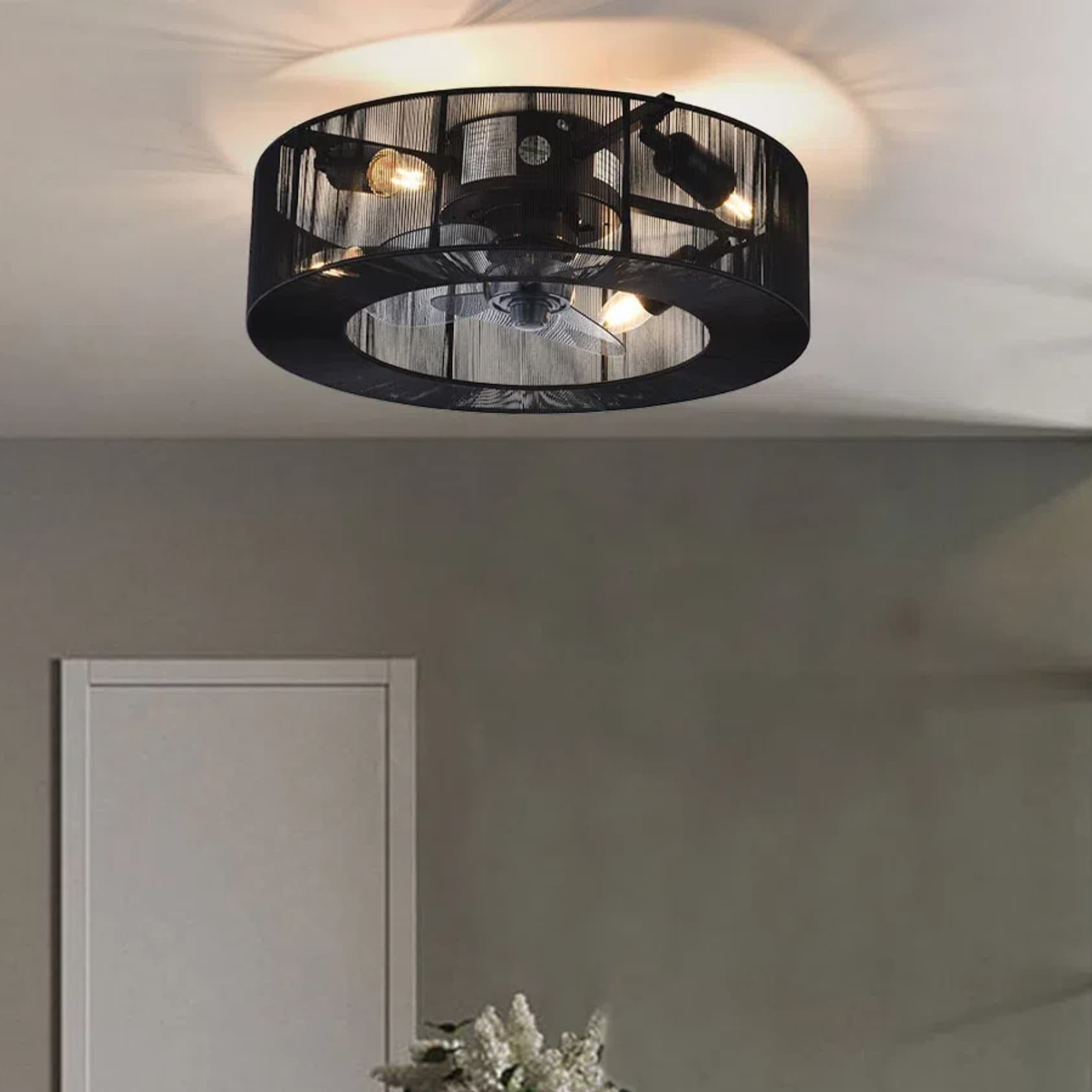 Oukaning HG-HCX9099-697US 18-in Modern Nylon Wire 4-light Indoor Flush Mount Cage Ceiling Fan and Remote (3-Blade)