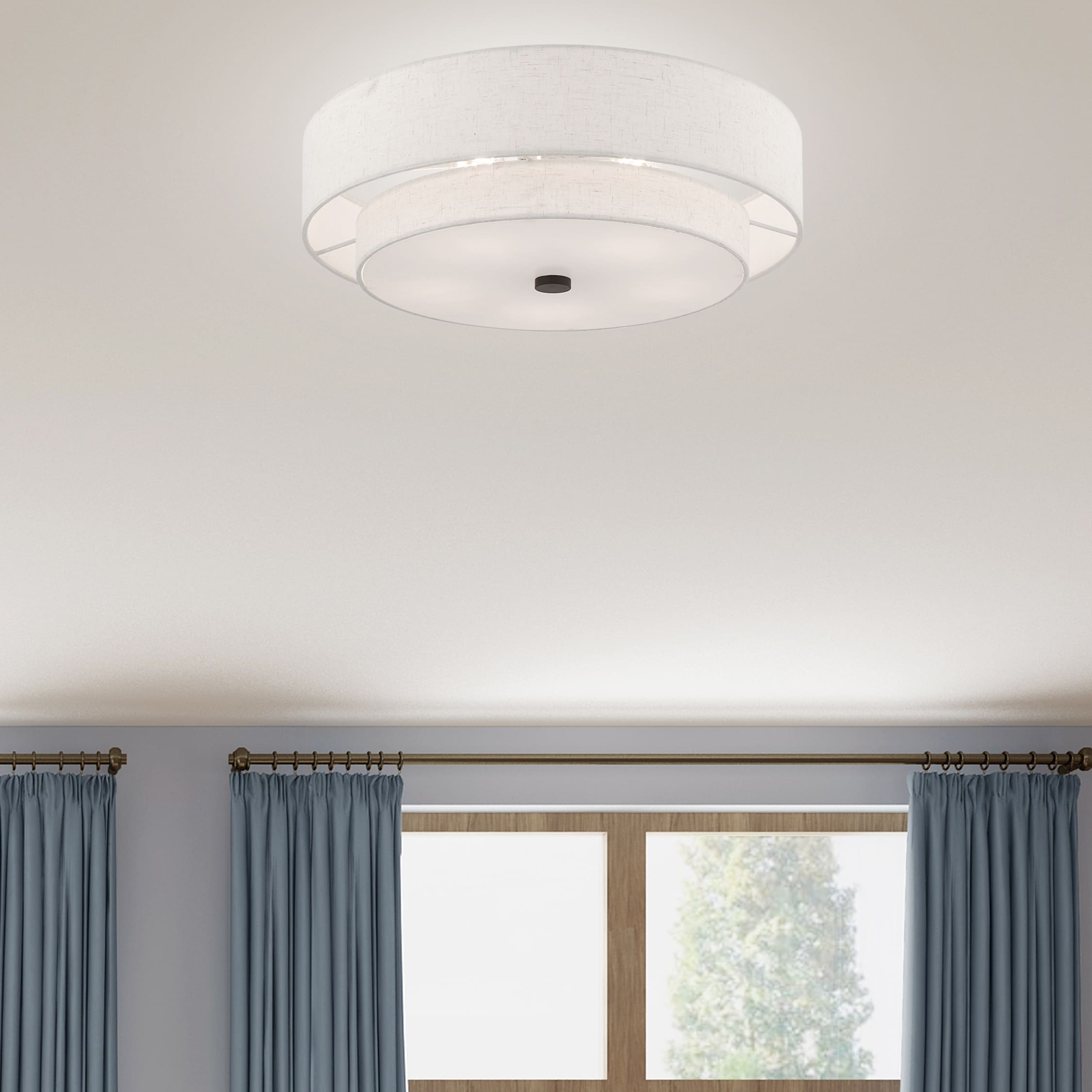 English Bronze Double Drum Semi-Flush Mount Light