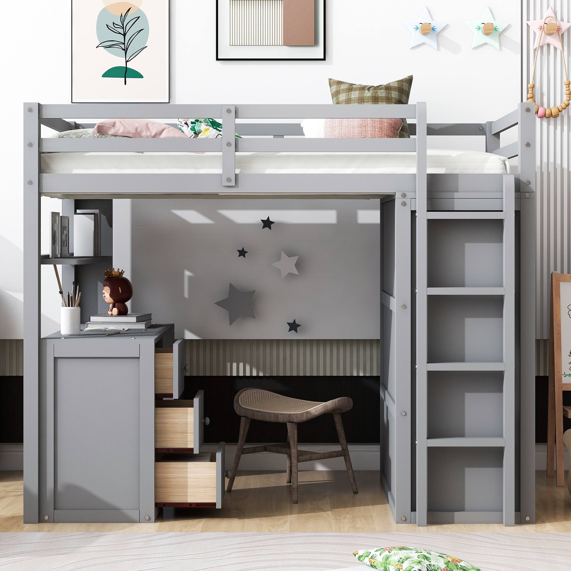 Yiekholo Gray Twin Study Loft Bed with Desk, Shelves, and Wardrobe