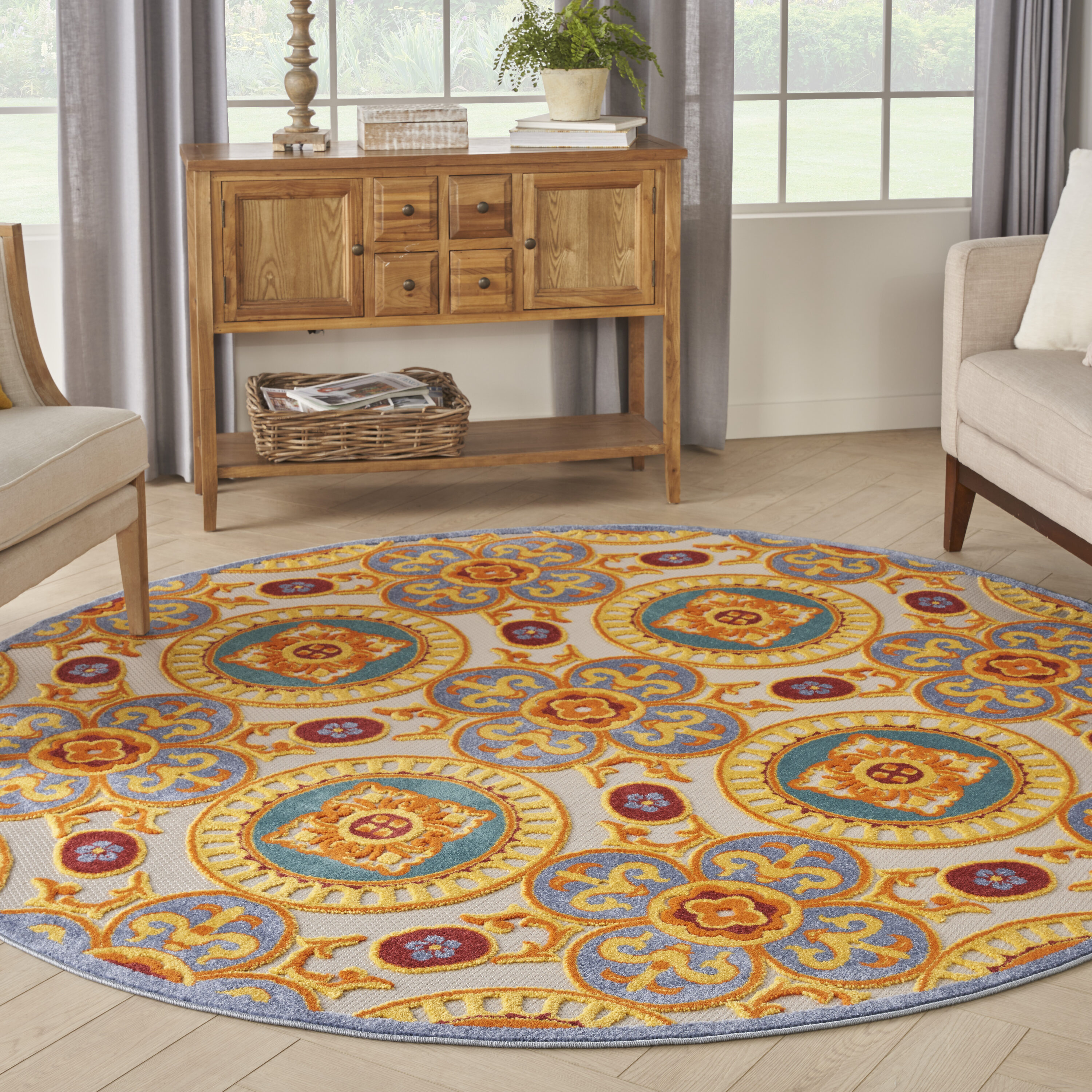 Nourison 099446168504 Aloha 8 x 8 (ft) Loomed Polypropylene Multicolor Round Indoor/Outdoor Medallion Tropical Area rug