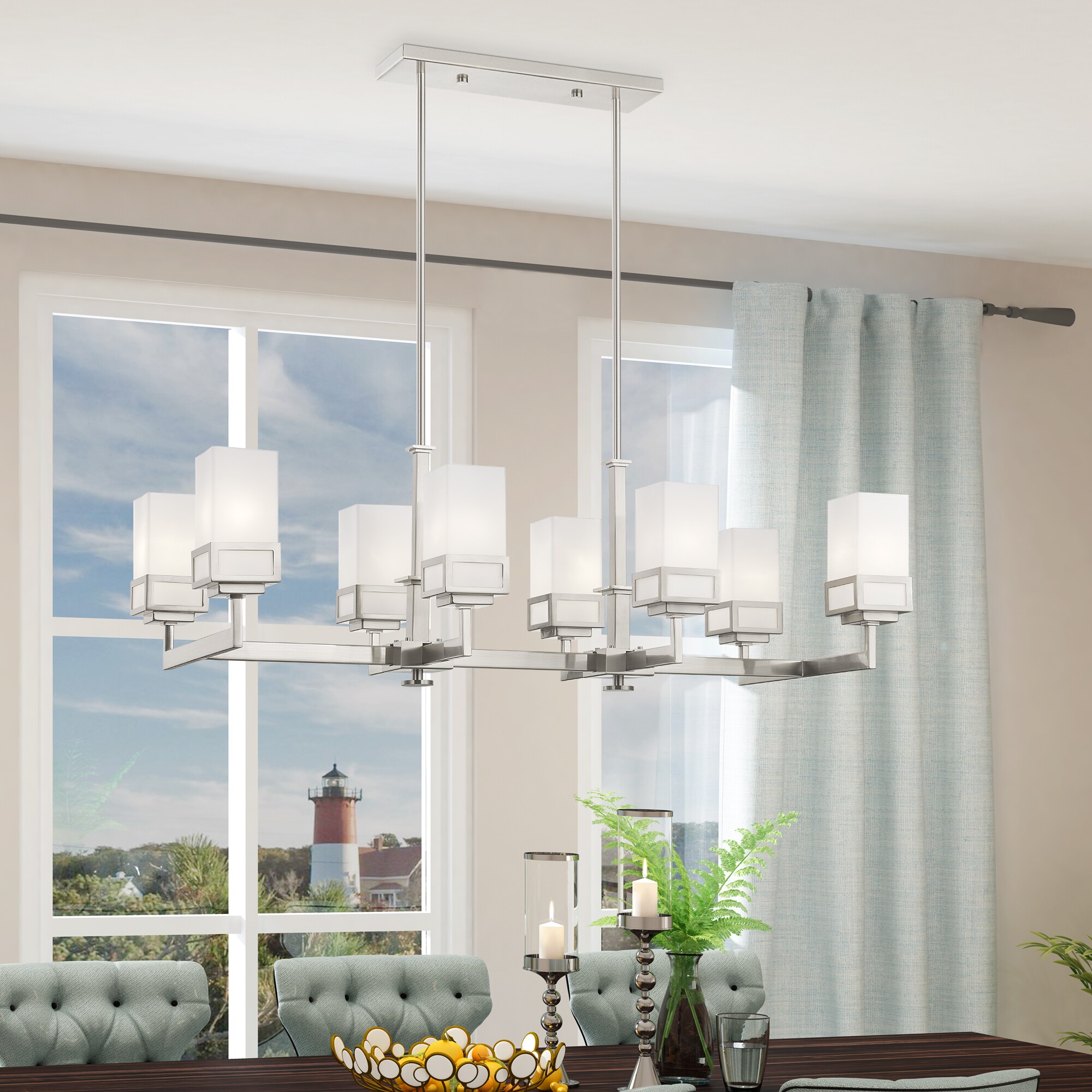 Elegant Harding 8-Light Linear Chandelier with Satin Opal White Glass