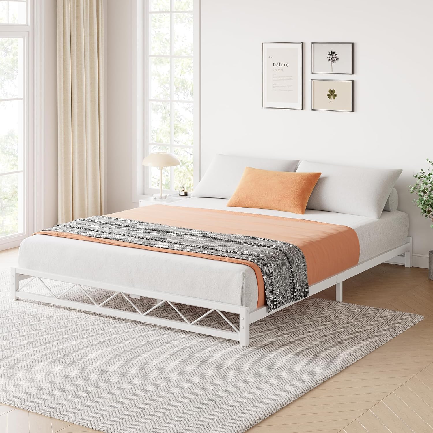 Qeetex LHF-BED-PHO-11AY56YF 6 Inch Queen Size Metal Platform Bed Frame with Wavy Pattern Queen Bed Frame with Steel Slat Support Mattress Foundation No Box Spring Needed Easy Assembly White