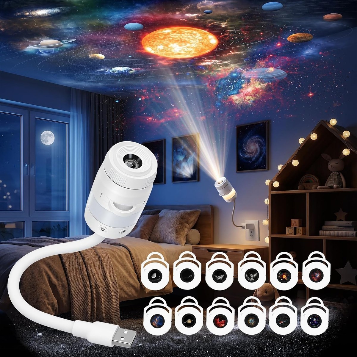 Tradufa  2 Pack USB Star Projector Night Light with 12 Slides RGB Galaxy Projector for Bedroom Living Room