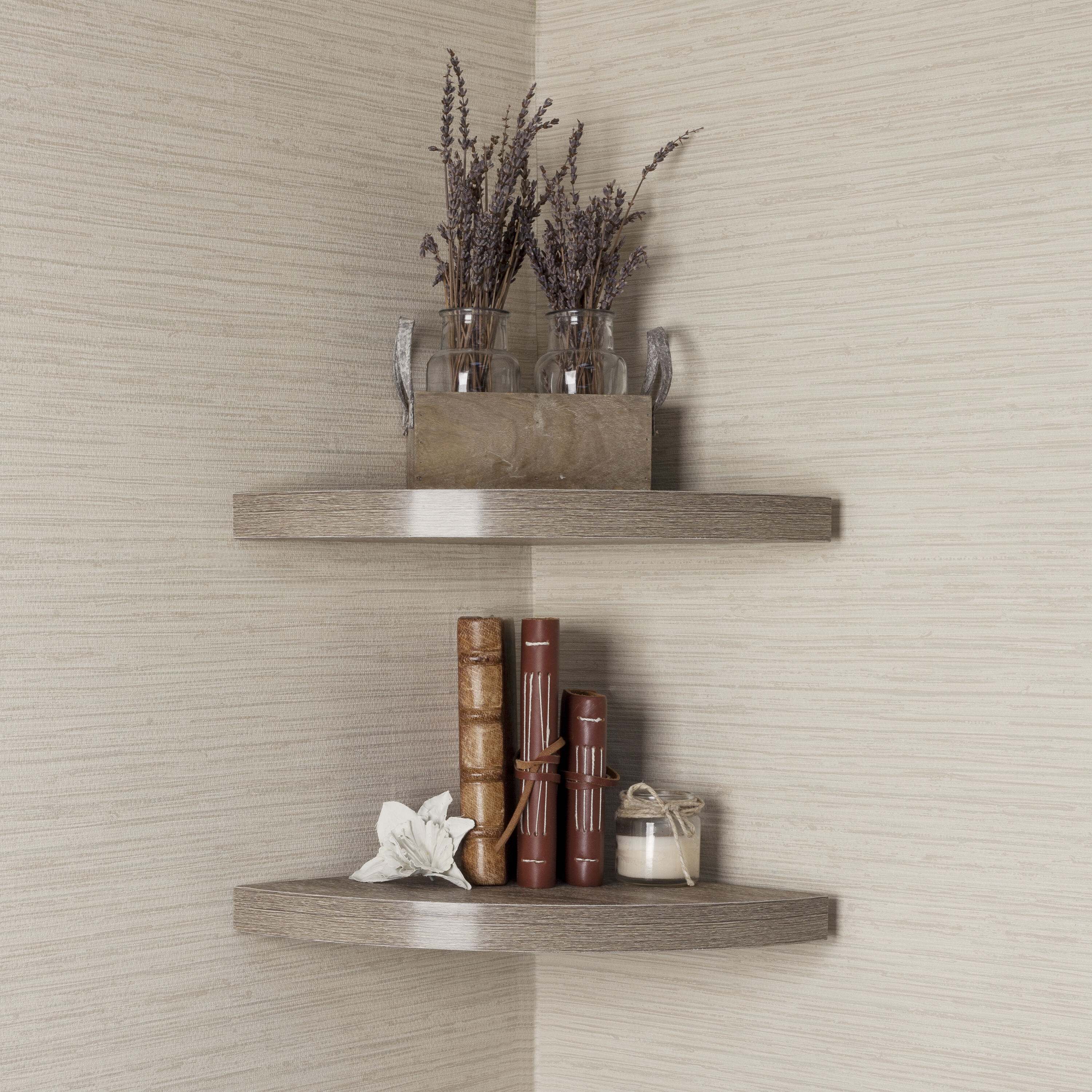 Danya B. XF11115-2OK 11.5-Inches L x 11.5-Inches D x 1.5-Inches H Beige MDF Corner Circle Floating shelf 2 Decorative Shelves