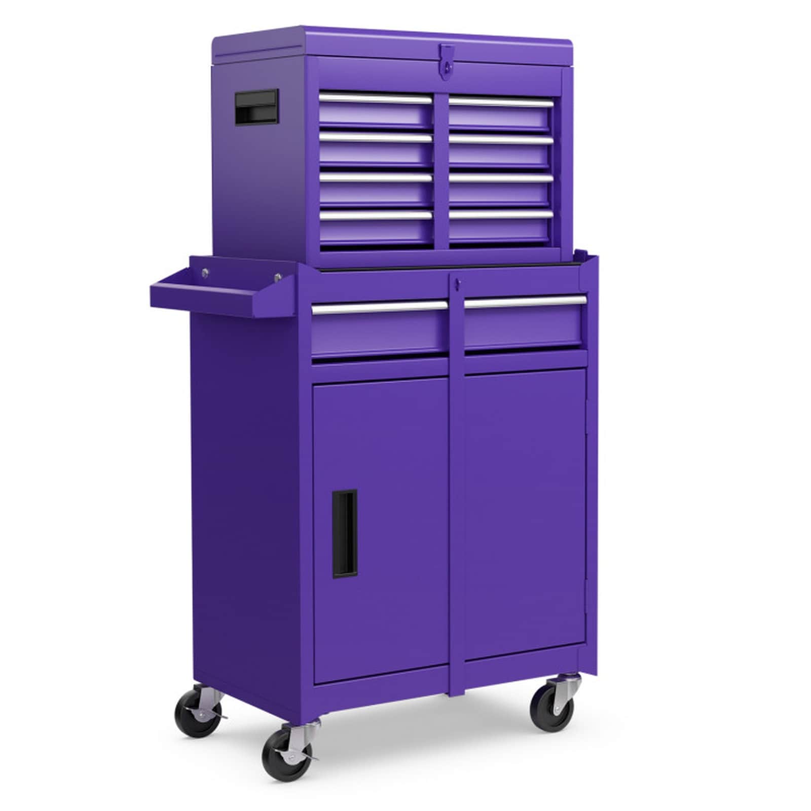 SUGIFT 2-in-1 Rolling Tool Chest 220-lb with 5 Lockable Drawers Top Tool Box Bottom Cabinet 4 Universal Wheels and Side Hooks Steel Tool Cart-Purple