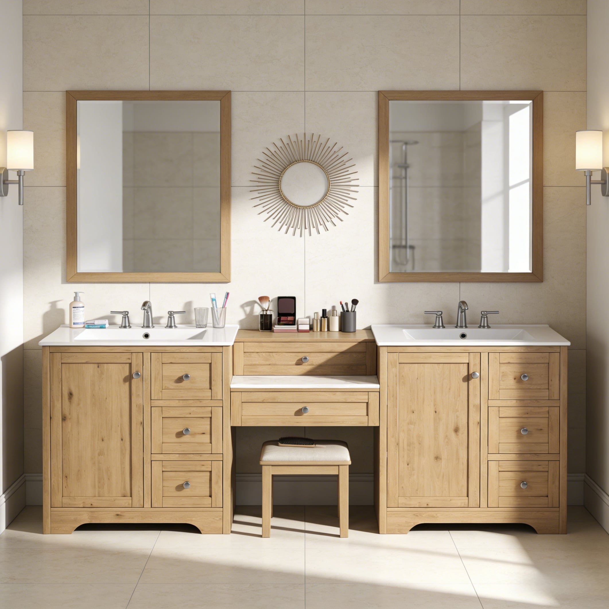Wooakway 84 in Double-Sink Bathroom Vanity 2 Ceramic Sinks and a Engineered Stone Countertop Large storage Bathroom Vanity with Silver Metal Knobs and 6 Drawers Soft Closing Design Wood #FXLS0607-604G10