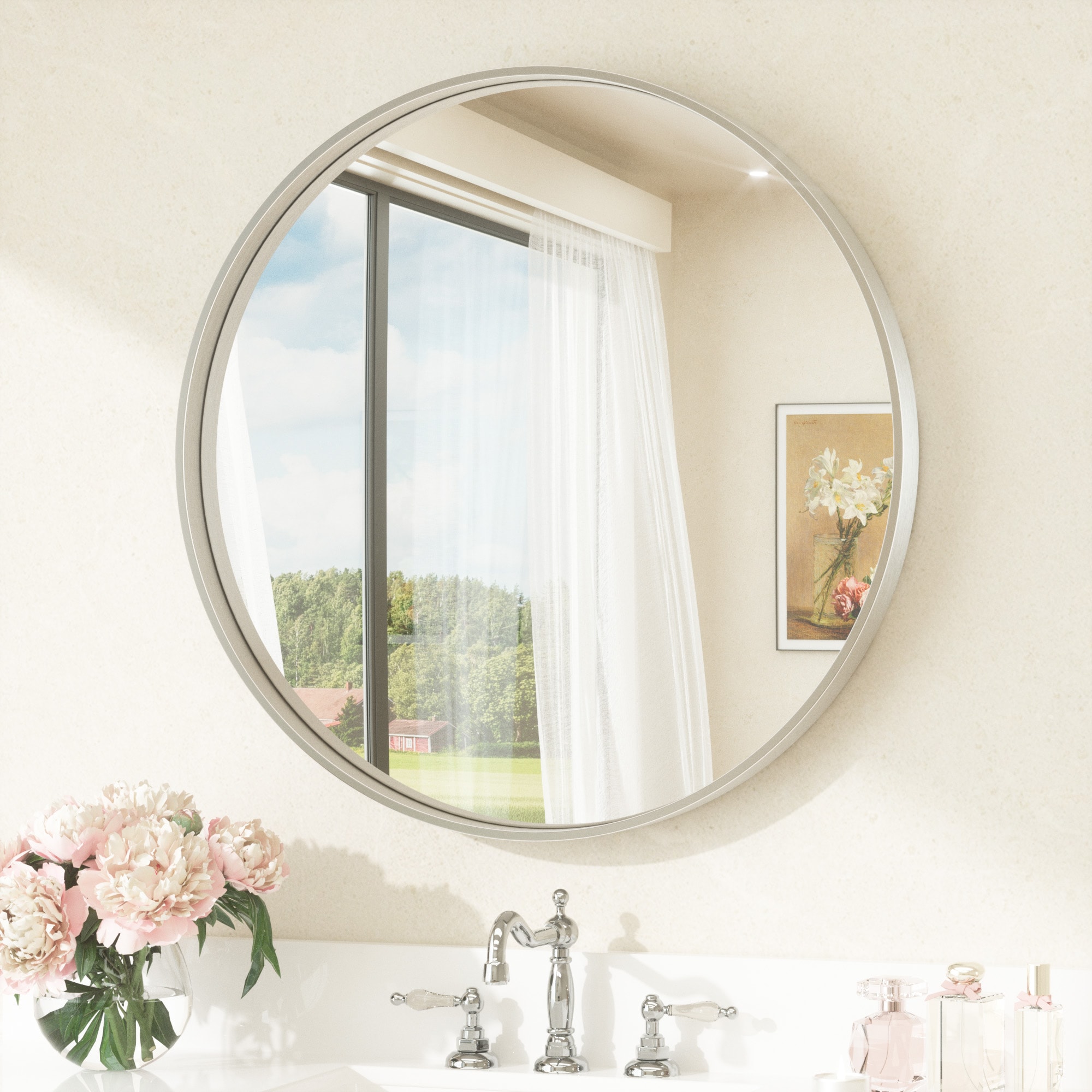 Keonjinn LW-JZ-YXJSK-R60SI Bathroom Mirrors 24-Inches W x 24-Inches H Round Brushed Silver Framed Wall Mirror