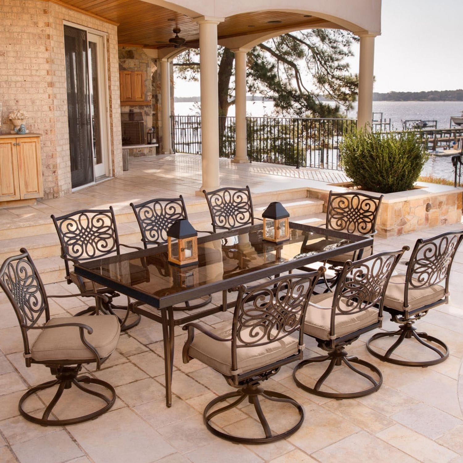 Hanover Traditions 9-Piece Bronze Aluminum Patio Dining Set with Beige Cushions