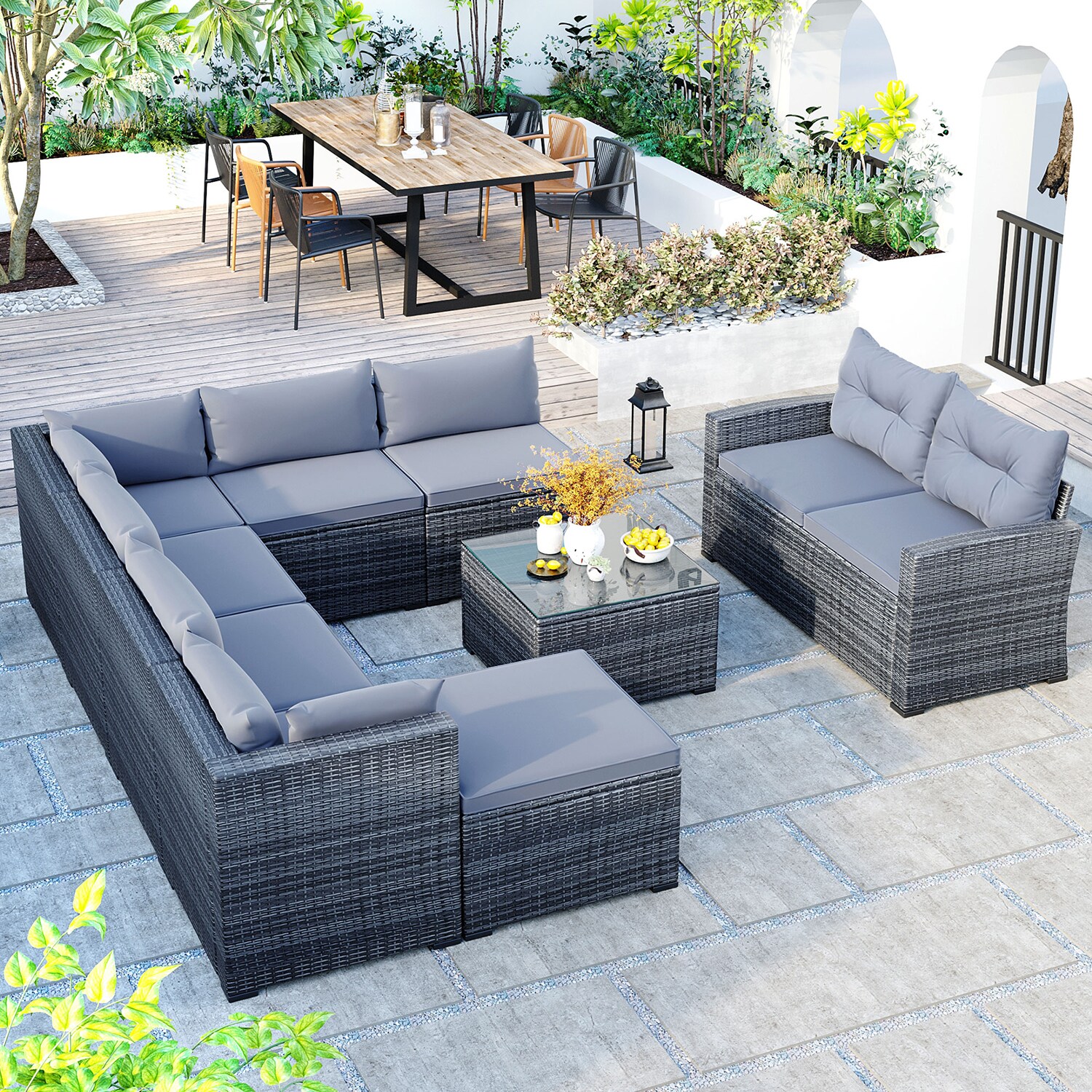 Bybafun Rattan Outdoor Sectional with Gray Cushion(S) and Rattan Frame ...