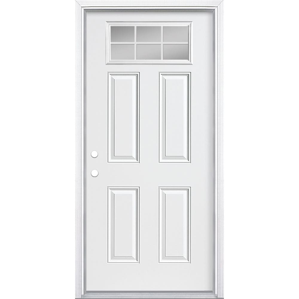 Masonite 1572540 36-in x 80-in x 4-9/16-in Steel 1/4 lite Right-hand inswing Primed White Prehung Front Door with Brickmould Insulating core with Grilles