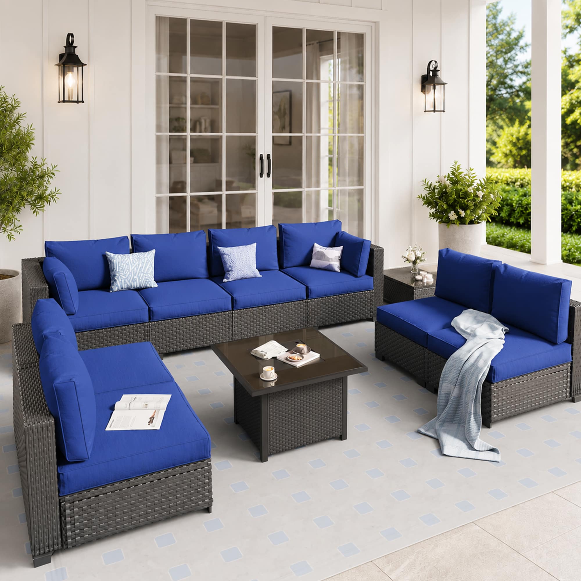 HYALON 7-Piece Wicker Outdoor Patio Conversation Sectional Seating Set with Coffee Tables and Navy Blue Cushions