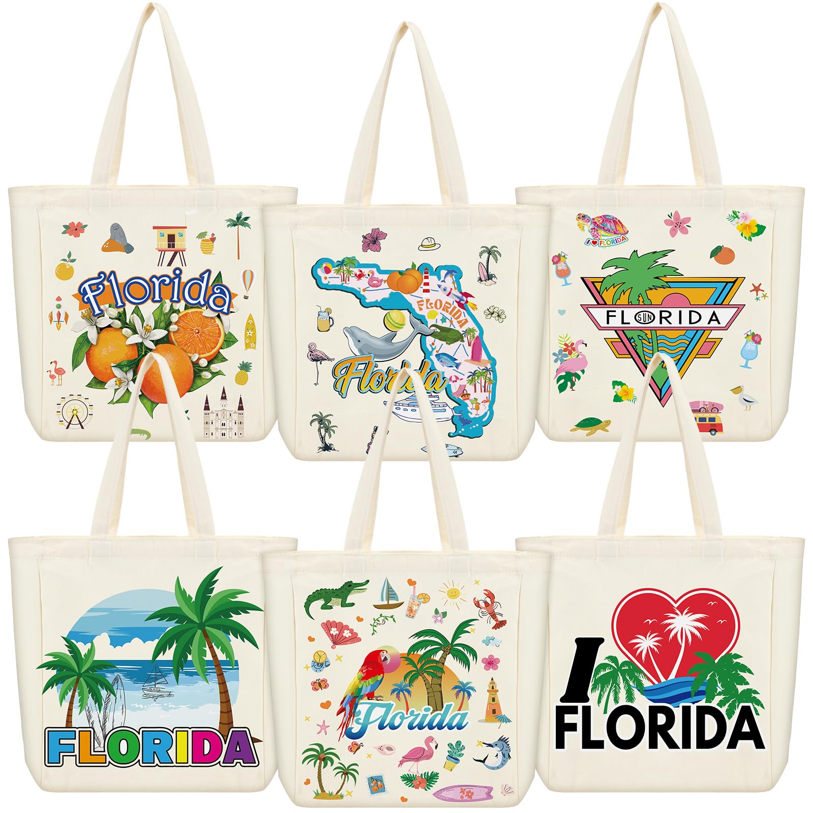 Phyfalip  Large Canvas Tote Bags of Six Florida Souvenir Gift Bags with Handles for Shopping Storage and Everyday Use durable home and garden