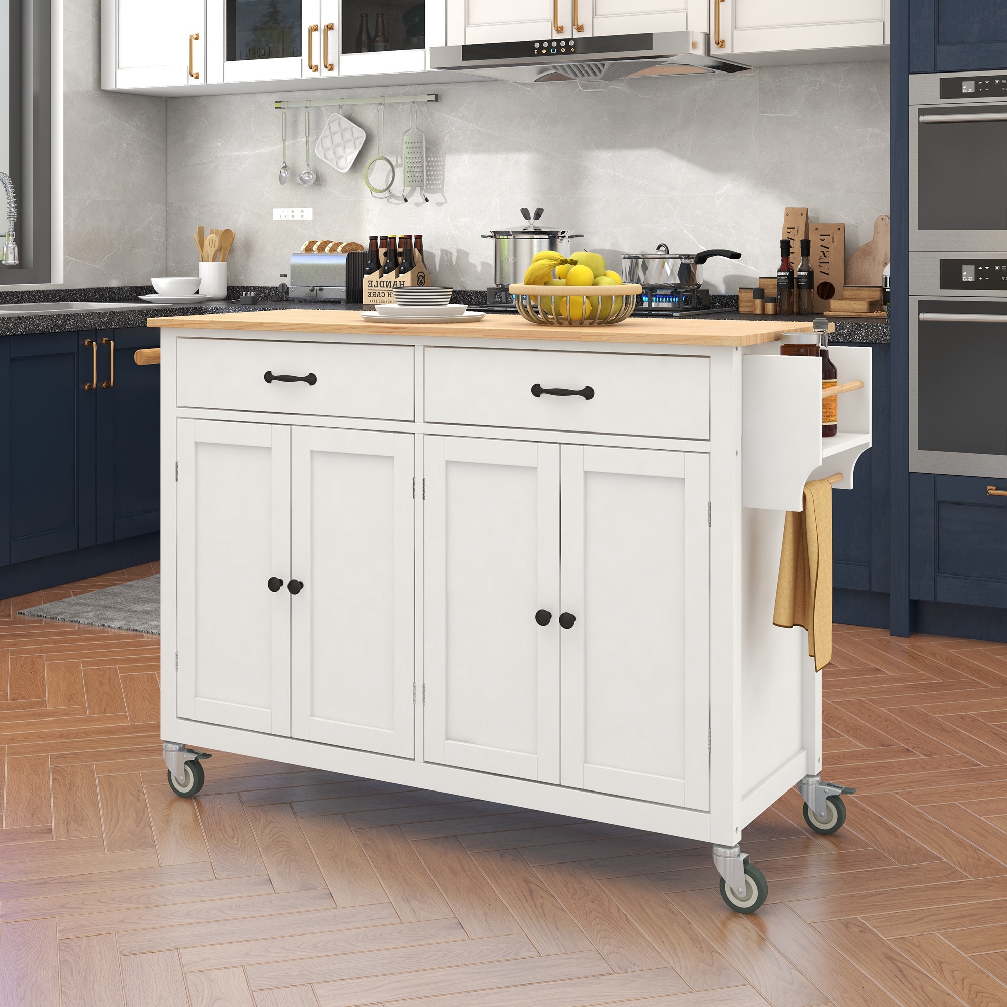 BABOOM BOM-6911AAW-OR White MDF Base with Wood Wood Top Rolling Kitchen Island ( 18.5-Inches x 54.3-Inches x 36.22-Inches )