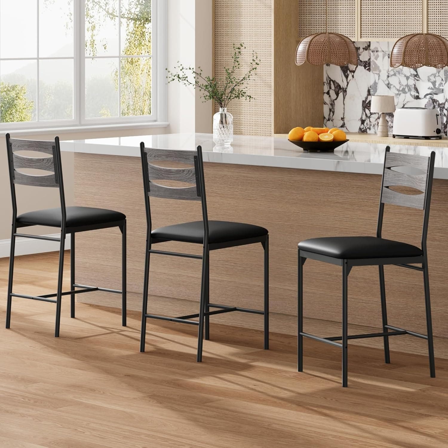 Qeetex LHF-YZ-PHO-34HKB3YQ Bar Stools Set of 4 - Barstools - Faux Leather Upholstered Bar Chair Wooden with Back and Footrest and Thick Cushion - Counter Height Bar Stools for Kitchen Island Apartment - Gray