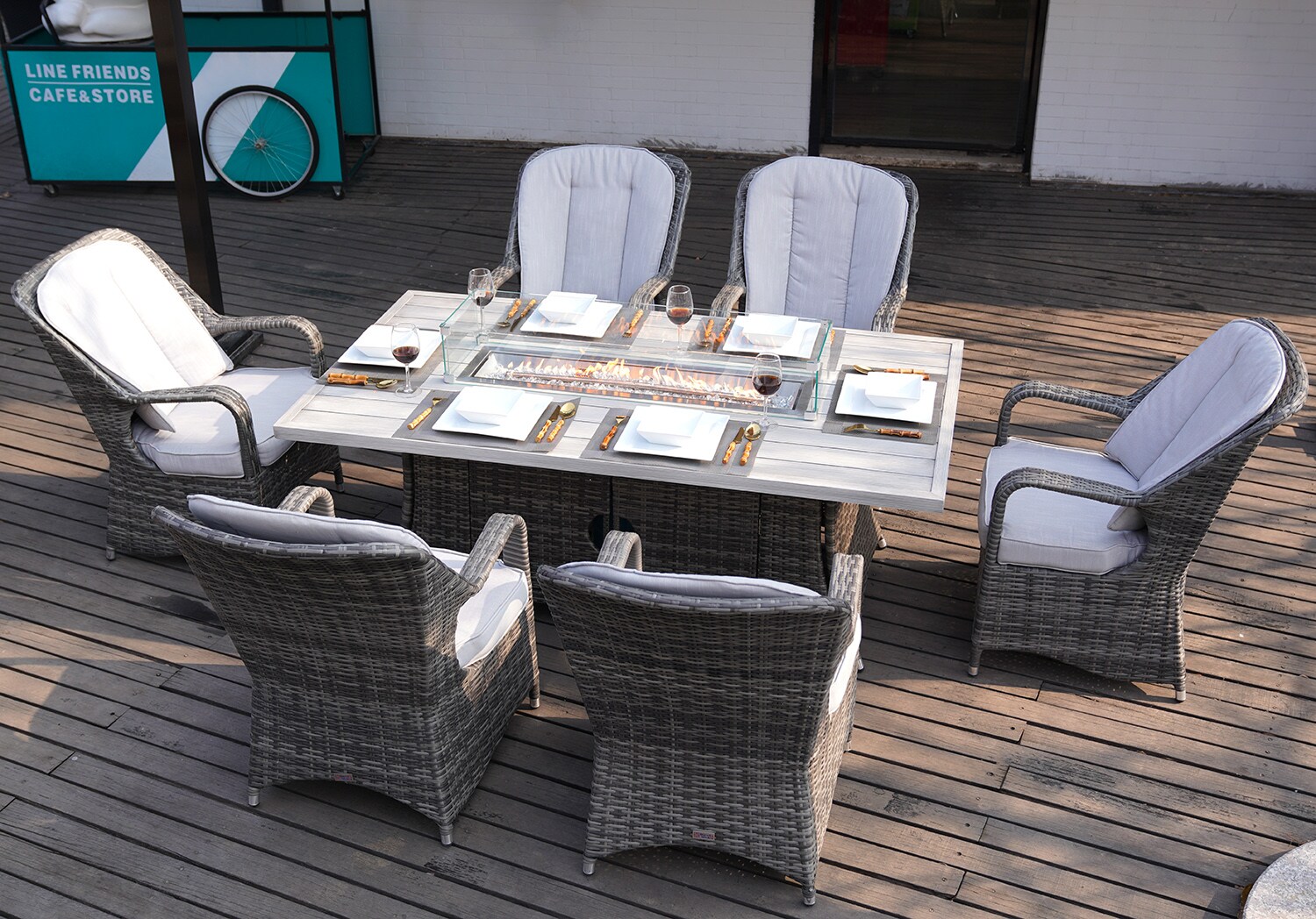 Direct Wicker Flame 7 Piece Gray Wicker Patio Dining Set Wicker Rectangle Table With 6 Gray